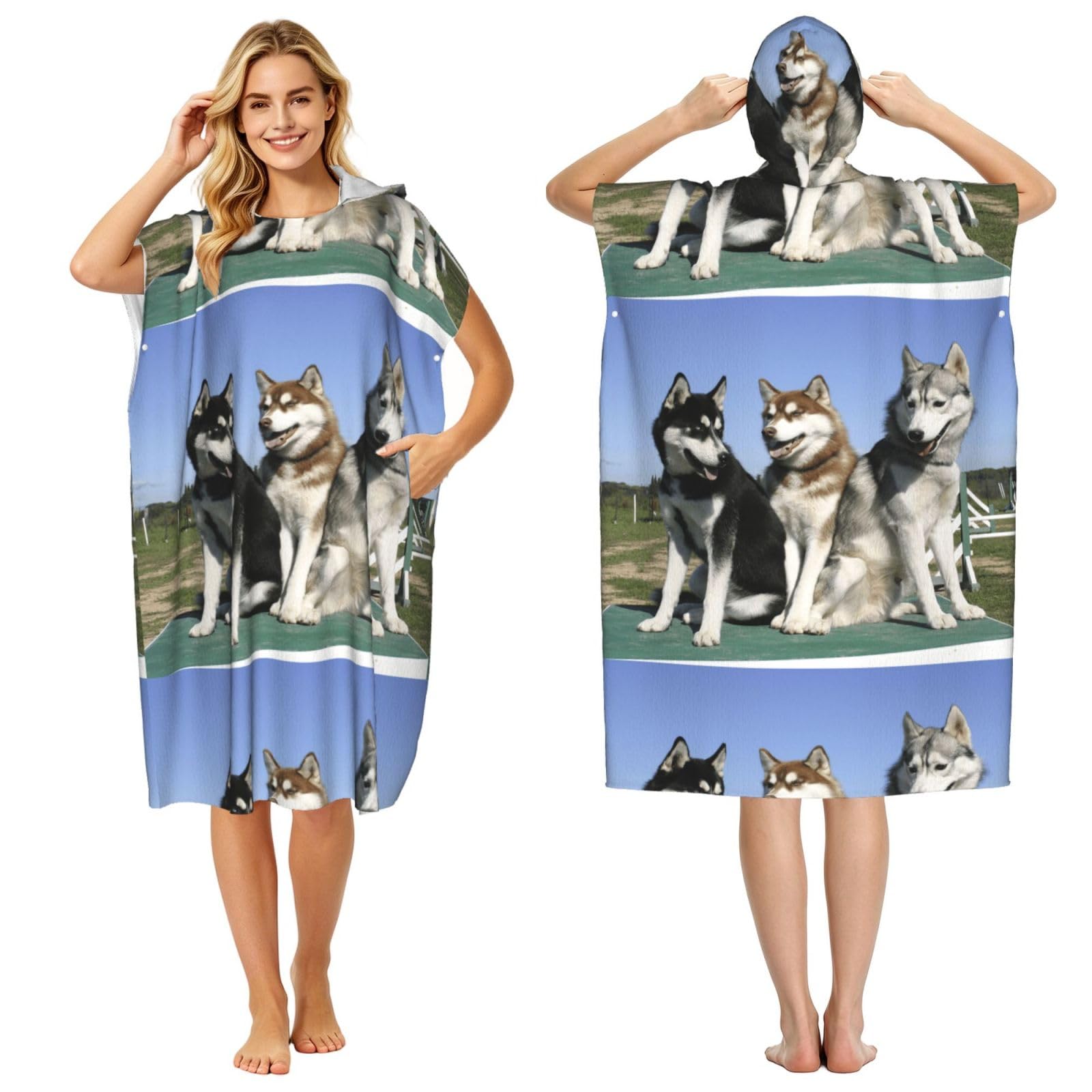 Poadnly Husky Huskie Dogs, Adult Hooded Beach Towel 90 x 110 cm,Changing Bath Robe, Surf Poncho Towel For Women Men