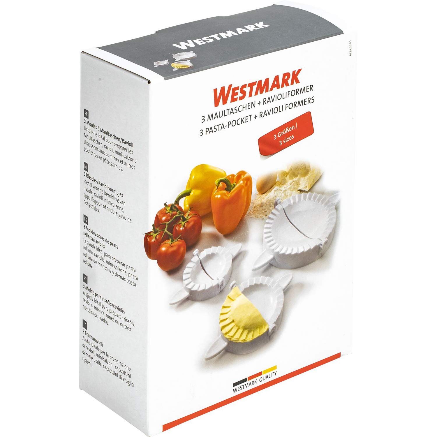 Westmark Set para hacer Raviolis/Empanadas, Cortador de 3 piezas, Ø 9,5/12/15,5 cm, Libro de recetas, Plástico, Blanco, 61342260