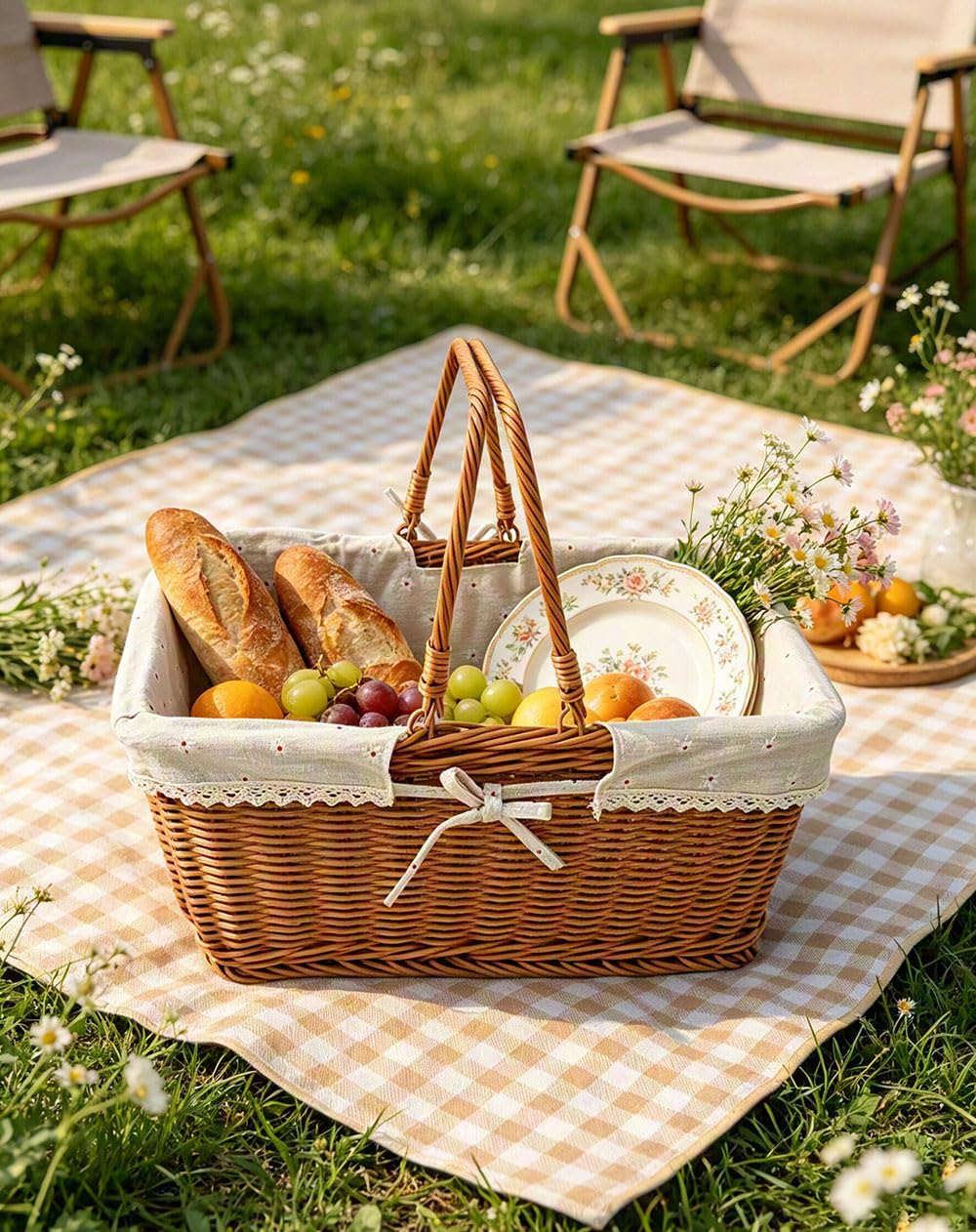 RT&BS Cesta de Mimbre para Picnic con Asa, Cesta de Mimbre para la Compra Grande con Forro, Cestas de Pascua, Cestas Reutilizables Tejidas a Mano para Picnic, Compra, Almacenamiento, Recolección (G)