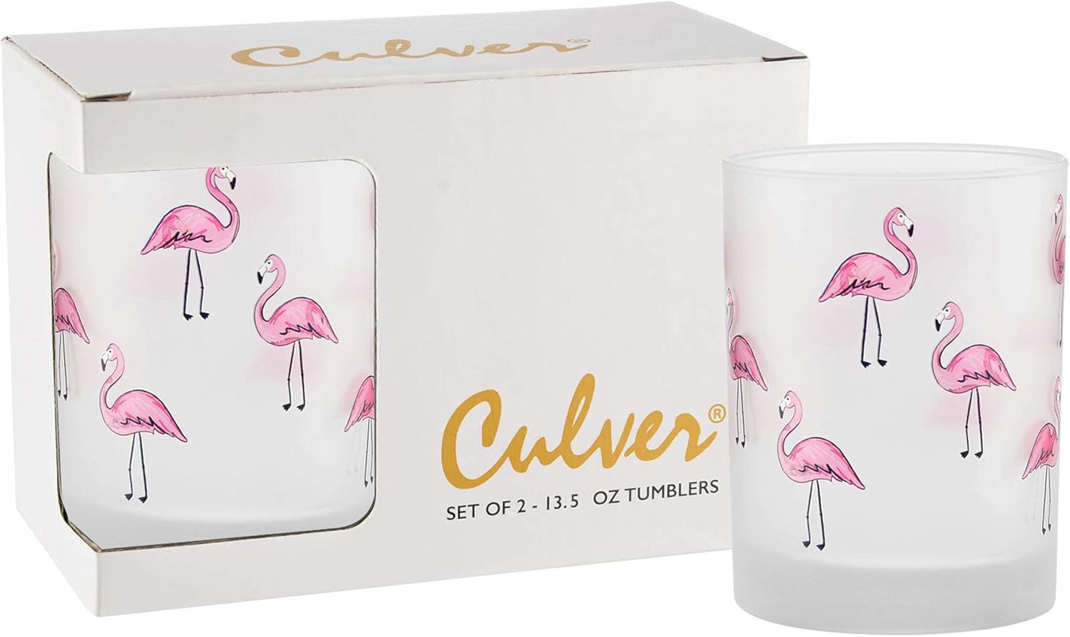 Culver Tropical Decorated Frosted Double Old Fashioned Tumbler Glasses, 13.5-Ounce, Gift Boxed Set of 2 (Flamingos)