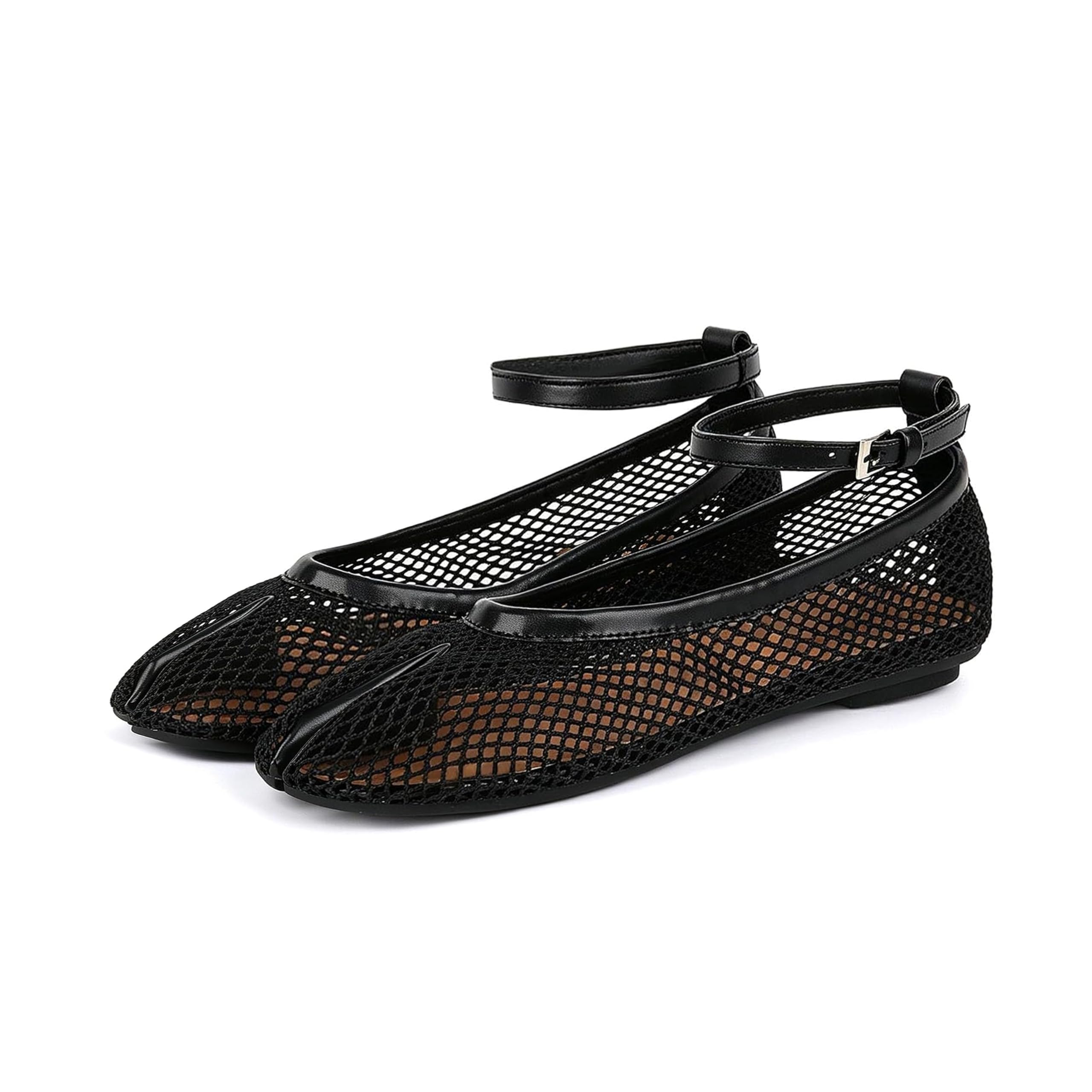 Wnshonzy Mesh Ballet Flats for Women Round Toe Buckle Strap Fishnet Mary Jane Flats Comfy Casual Office Womens Summer Flats Shoes