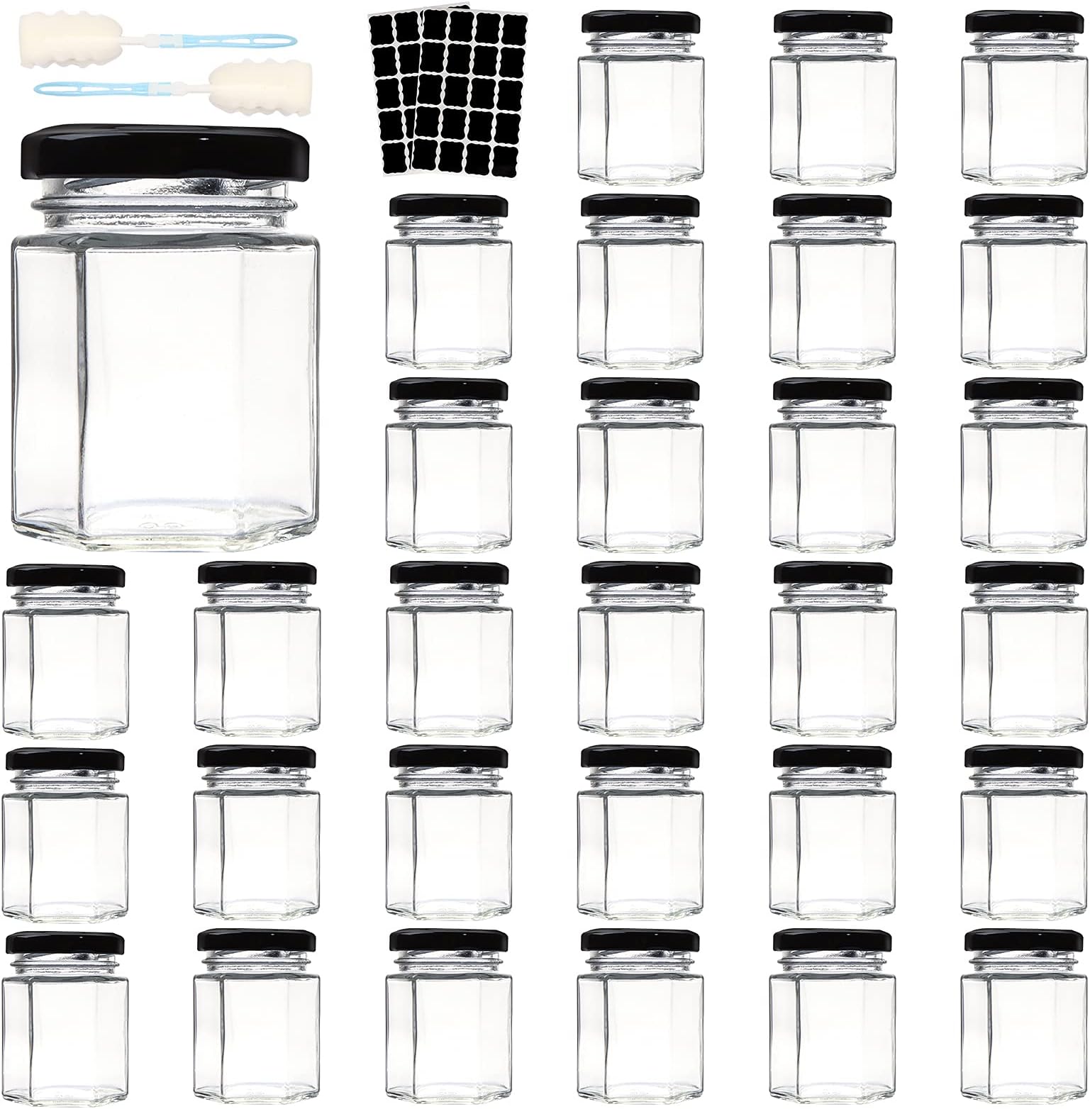 3 OZ Mini Hexagon Glass Jars, 30 Pack Empty Honey Jars Small Spice Jars with Black Lids, Sponge Brushes and 40pcs Labels for Jam, Homemade Projects, Gifts, Wedding Party Favors