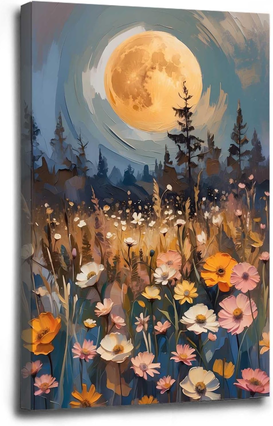 Vintage Enchanted Wildflowers Wall Art Decor Gothic Dark Academia Poster Woodland Art The Mystical Full Moon Oil Painting Print Canvas for Bedroom Living Room Home Decoration