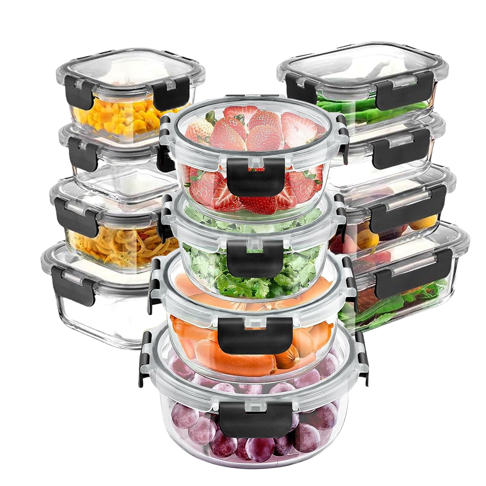 Zykphao 12pcs Glass Food Storage Containers with Lid Set, Airtight Glass Meal Prep Containers [12 Containers + 12 Lids],Lunch Bento Boxes with Leak Proof Lids for Microwave,Freezer and Dishwashe