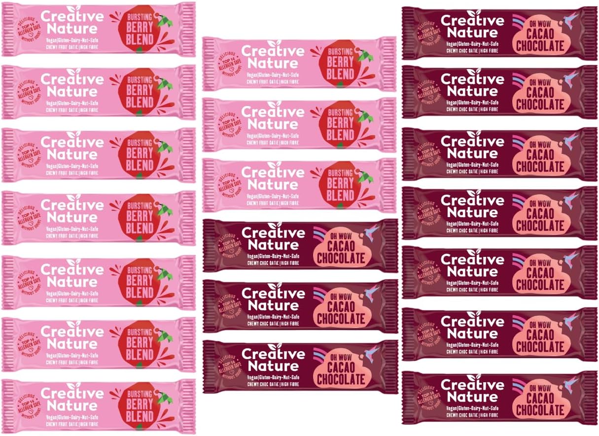 Gluten Free Snack Bars | Creative Nature Vegan Snacks| Variety Pack - Raw Cacao + Berry Blend Flavours | Healthy Snacks, Lunchbox Snacks | Top 14 Allergen Free | Organic Bars | 20 x 38g Bars