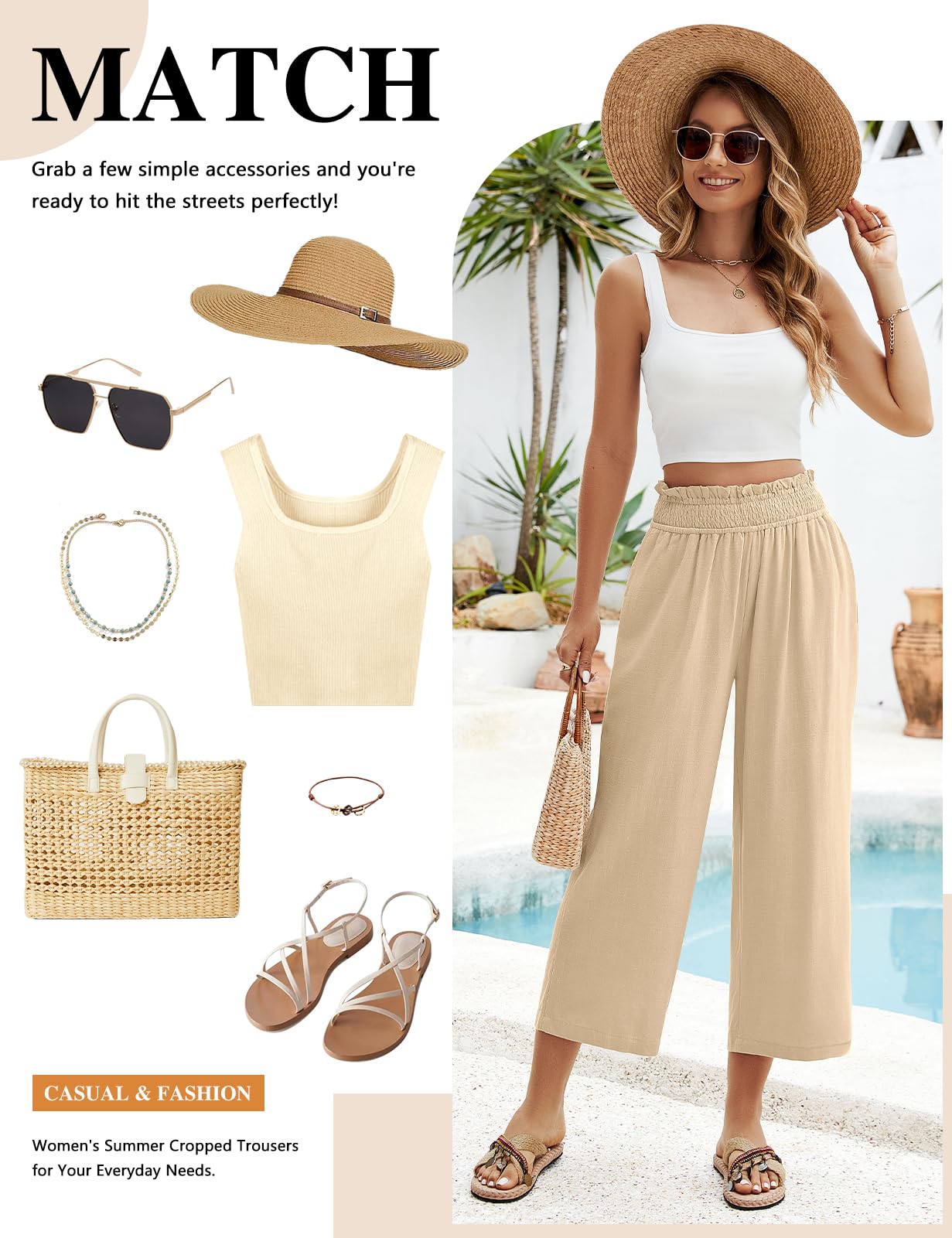 Niwicee Leinenhose Damen Hose Sommer 3/4 Culotte Weite Bein Sommerhose Elastische High Waist Leichte Loose Freizeithose Elegante Lounge Hosen mit Taschen