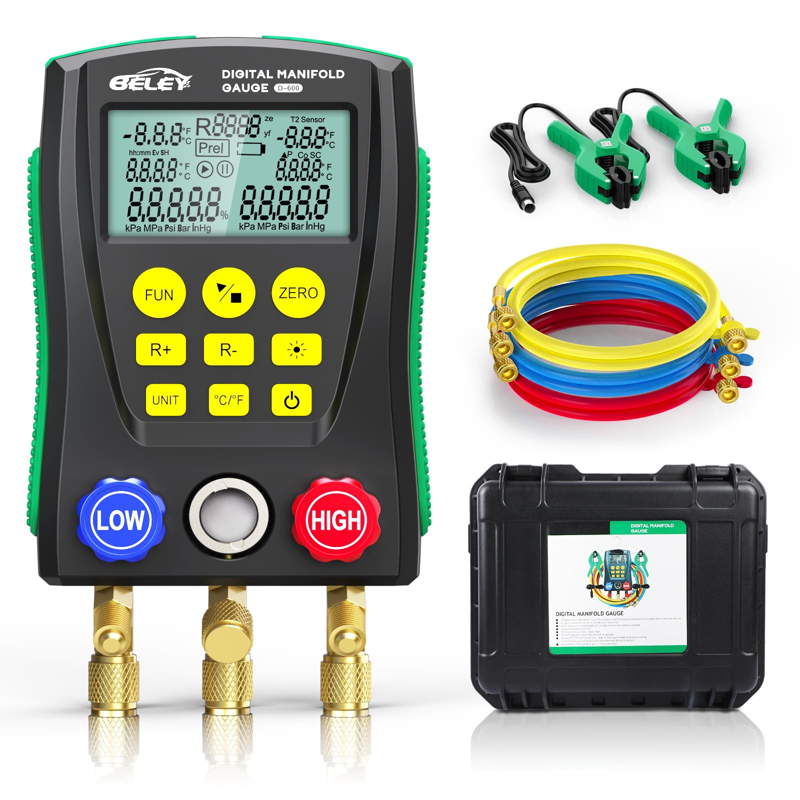 Digitales Manifold Gauge Set HVAC Manometer für 93 Kältemittel R410a R32 R22 Vakuumpumpe Klimaanlage Tester mit Temperatur-Clips 1.5m Schläuchen