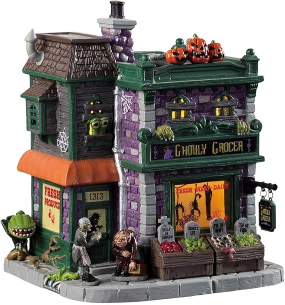 How to Build a Halloween Village Mantel: Cozy Fall Decor on a Budget 1 Lemax Ghouly Grocer Lighted Building