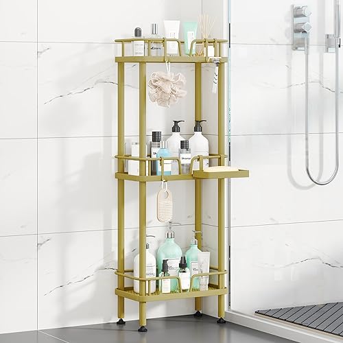 Miniatura 10 de HapiRm Organizador de ducha de esquina de pie, organizador de ducha de esquina de 3 niveles con soporte para jabón, estante de baño de acero