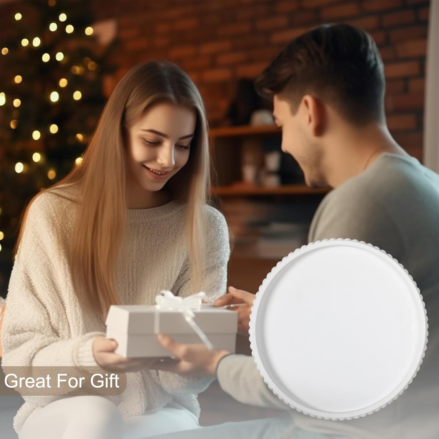 12in White Round Wooden Tray with Wood Beaded Garland for Home Decor- Decorative Tray for Living Room Decor, Coffee Table, Kitchen Farmhouse Distressed Centerpiece Candle Holder (White)