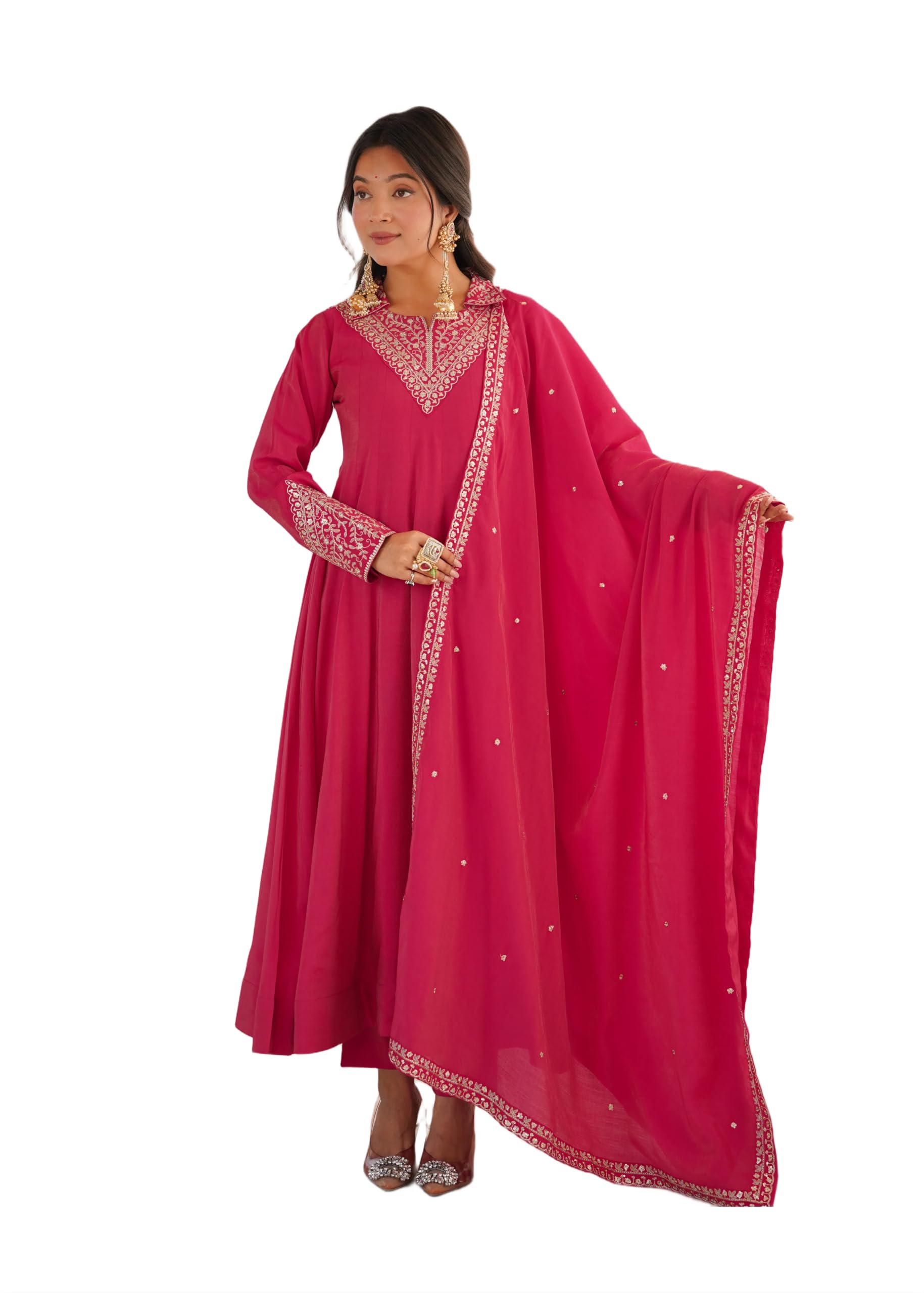 Womens Premium Roman Shimmer Silk Anarkali Kurta Set with Embroidered Dupatta and Stitched Pant Traditional Ethnic Wear-image-21