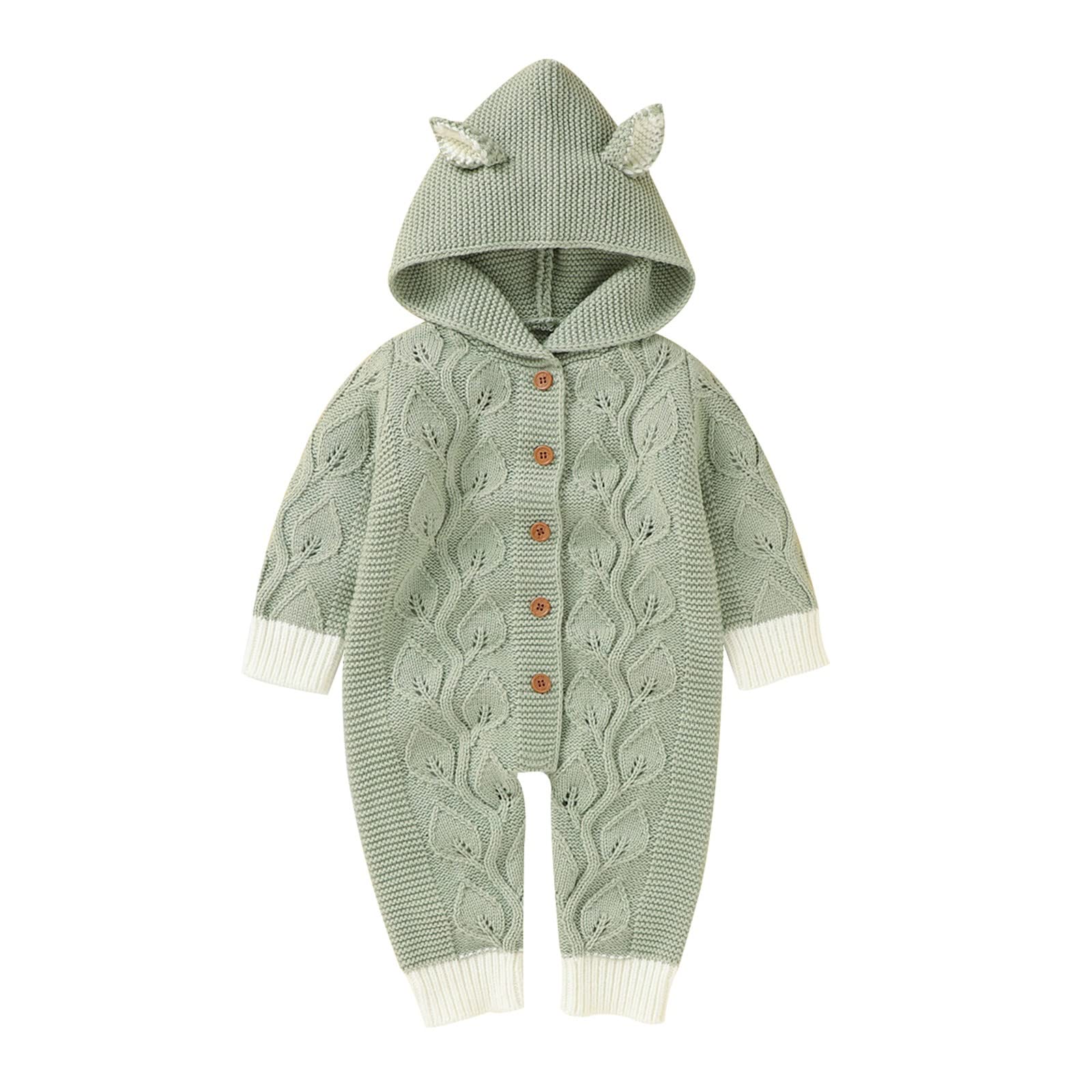 RNTOP Baby Girl Boy Knitted Sweater Romper Long Sleeve Hooded Jumpsuit Cable-Knit Sweaters Bodysuit (Green, 3-6 Months)
