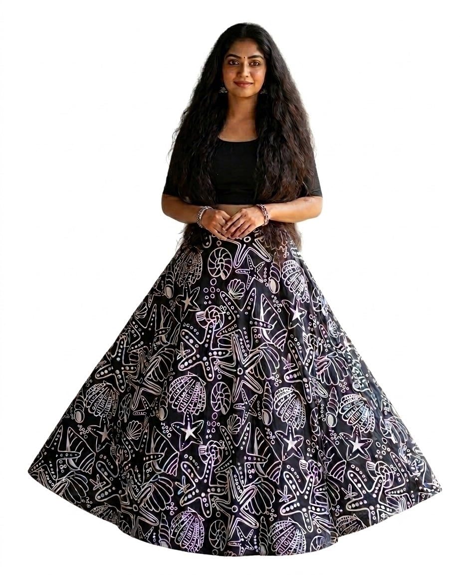 Shriliya Black White Beach Print Full Umbrella Maxi Skirt 8 Metre Flare Regular Daily Use-image-9