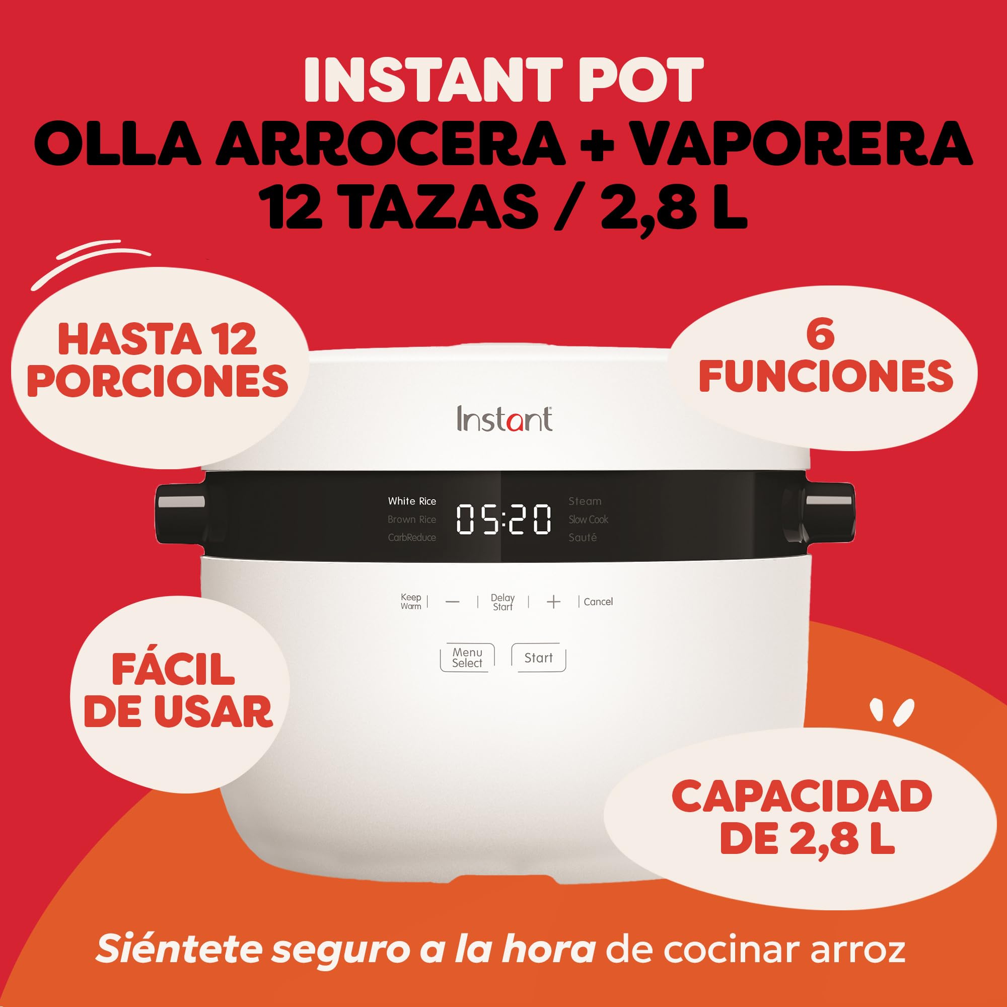 Instant Pot - Olla arrocera y vaporera, 2.8 L (12 tazas) – con recipiente antiadherente apto para lavavajillas, cesta de vapor de acero inoxidable, taza medidora, cuchara para arroz