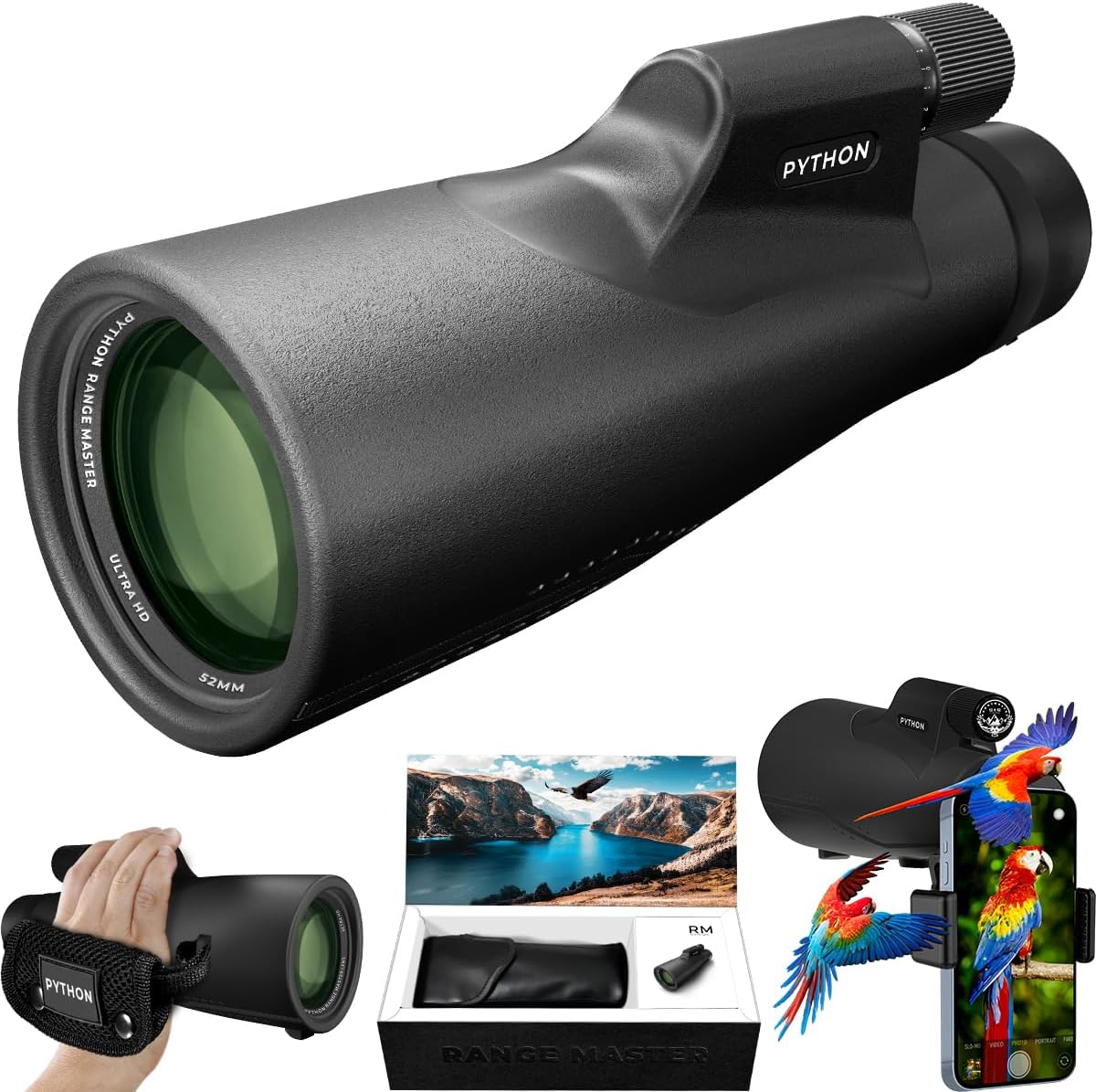 Python 12x52 Range Master Ultra HD Monocular Telescope High Powered for Adults with Smartphone Adapter, Leather Bag, Hand Strap - Monoculars for Star Gazing, Bird Watching Wildlife Hunting Travel