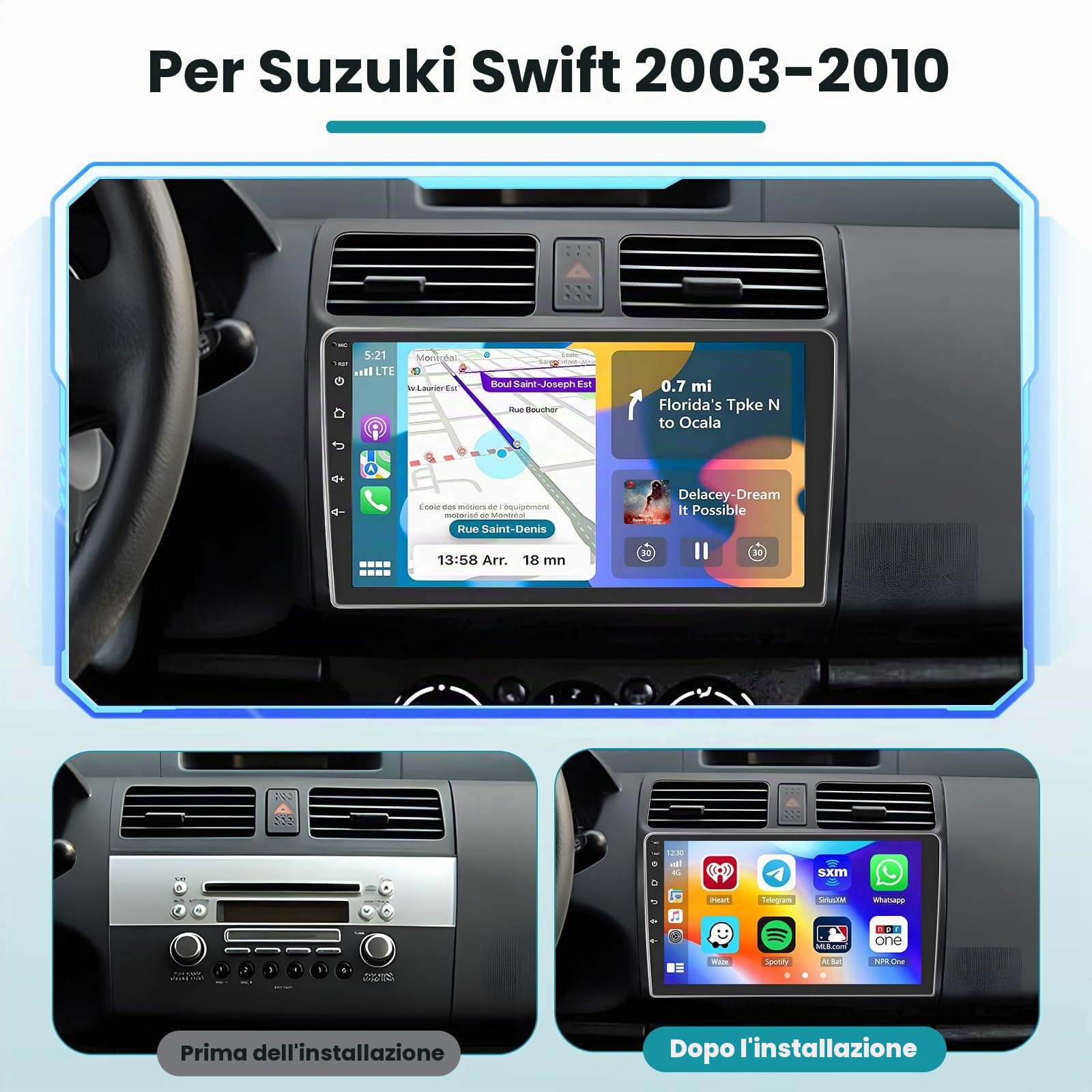 Roinvou 2+64G Schermo Radio per Suzuki Swift 2003-2010 con Wireless Carplay Android Auto, Android Autoradio 10 Pollici Stereo Auto con WIFI GPS Bluetooth EQ FM/RDS SWC Telecamera Posteriore