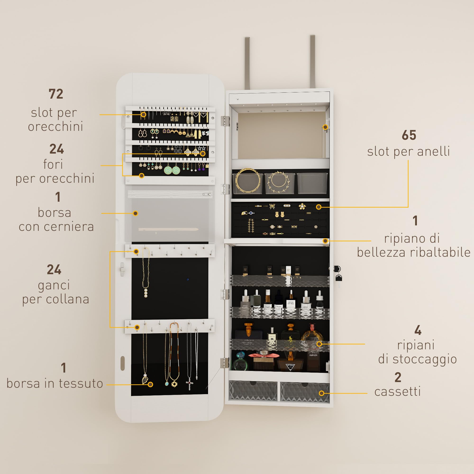 HOMCOM Armadietto Portagioie con Specchio Interno e Luci LED Alto 120cm