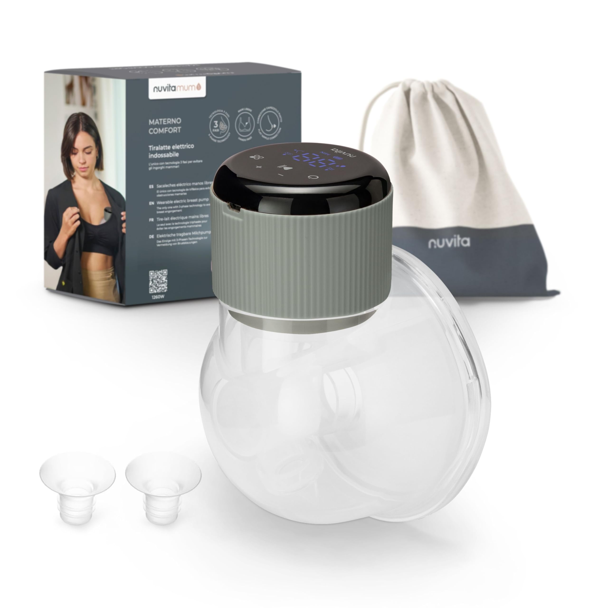 Nuvita 1260W Tiralatte Elettrico Indossabile Singolo 3 Fasi – Portatile con Batteria Ricaricabile USB-​C, Funzione Anti-​Stasi, Ideale per Capezzoli Piatto/​Inversi, Coppa Silicone 24mm con Riduttori