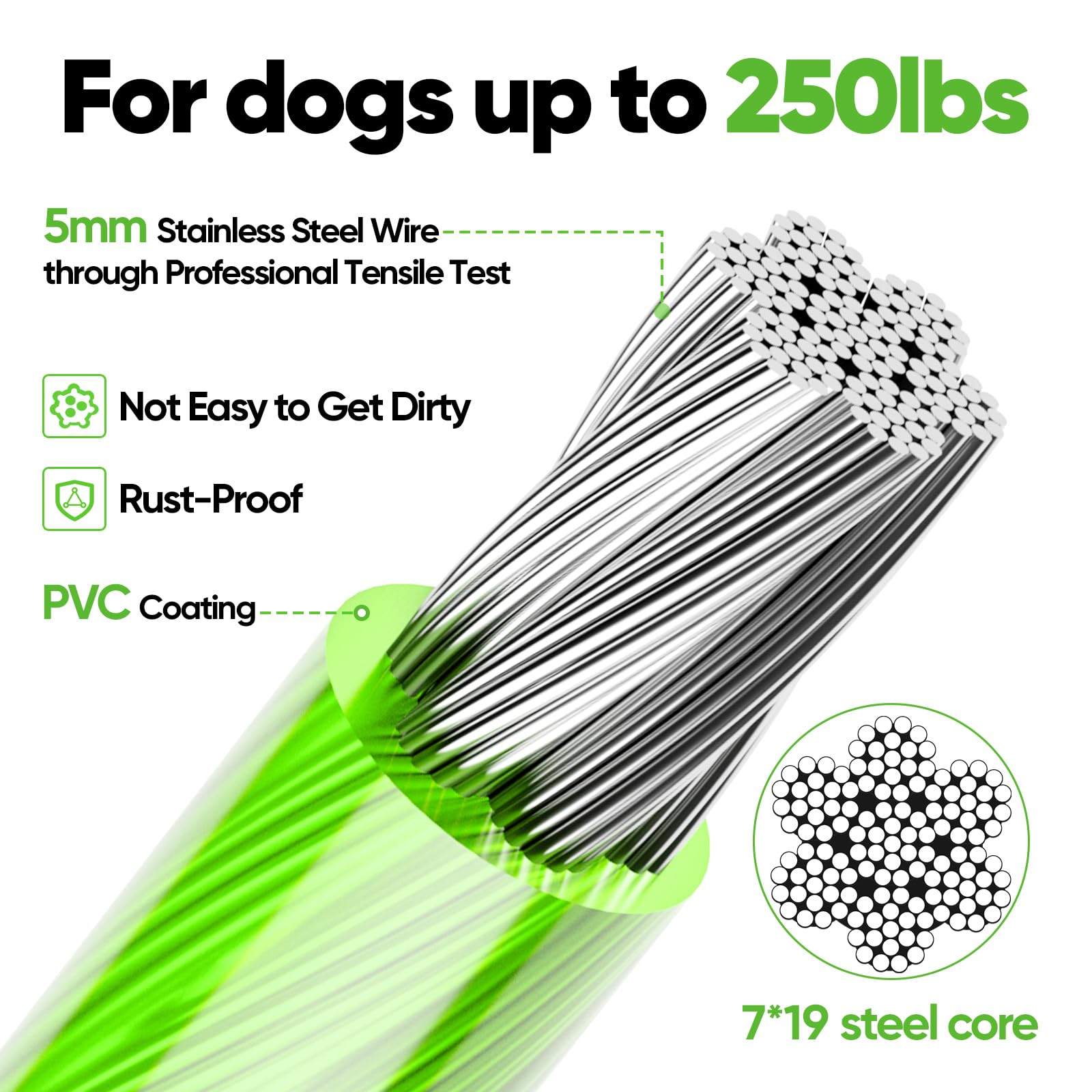 Tresbro Cavo riflettente per cani fino a 113,4 kg, cavo in filo di acciaio con fibbia a doppia fissaggio in acciaio, leggero e resistente, catena per cani per esterni, cortile, campeggio, verde