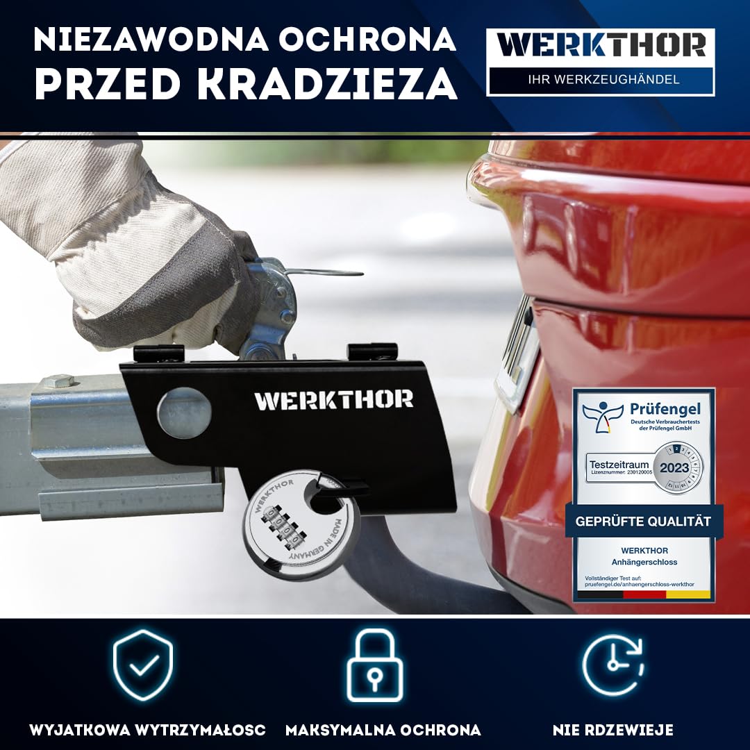 WERKTHOR Blokada przyczepy - przetestowana BARDZO DOBRA Blokada przyczepy - ochrona przed kradzieżą przyczep doczepionych i odczepionych - blokada ze stali nierdzewnej - zamek szyfrowy
