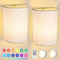 Vista 10 de Juego de dos apliques de pared a pilas, 18 colores RGB, luces de pared adhesivas con control remoto, intercambiables regulables con tela, luces