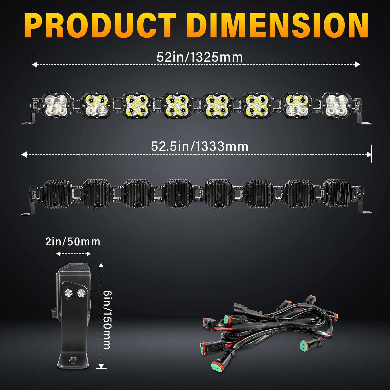 PICAA 52-calowa listwa świetlna LED 240W 24000LM Combo, zestaw przewodowy 12 V | Wodoodporny IP67, dołączany reflektor roboczy LED, do samochodu SUV 4x4 terenowy ciągnik ATV UTV motocykl łódź, 5500 K