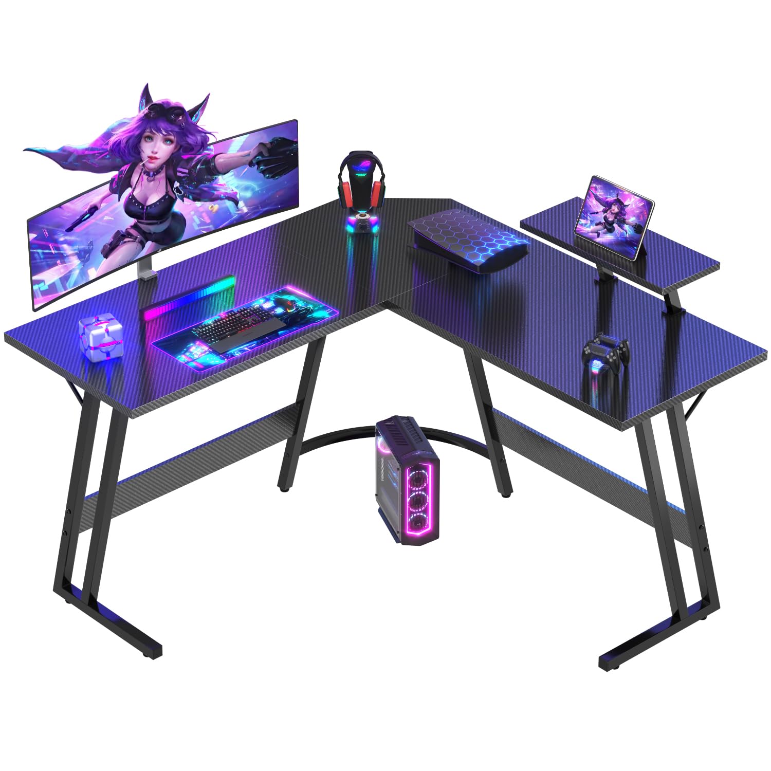 Devoko L Shaped Gaming Desk Corner Gaming Desks 120x120x75cm Computer Gaming Desk Large PC Writing Table for Home and Office,Carbon Fibre Black