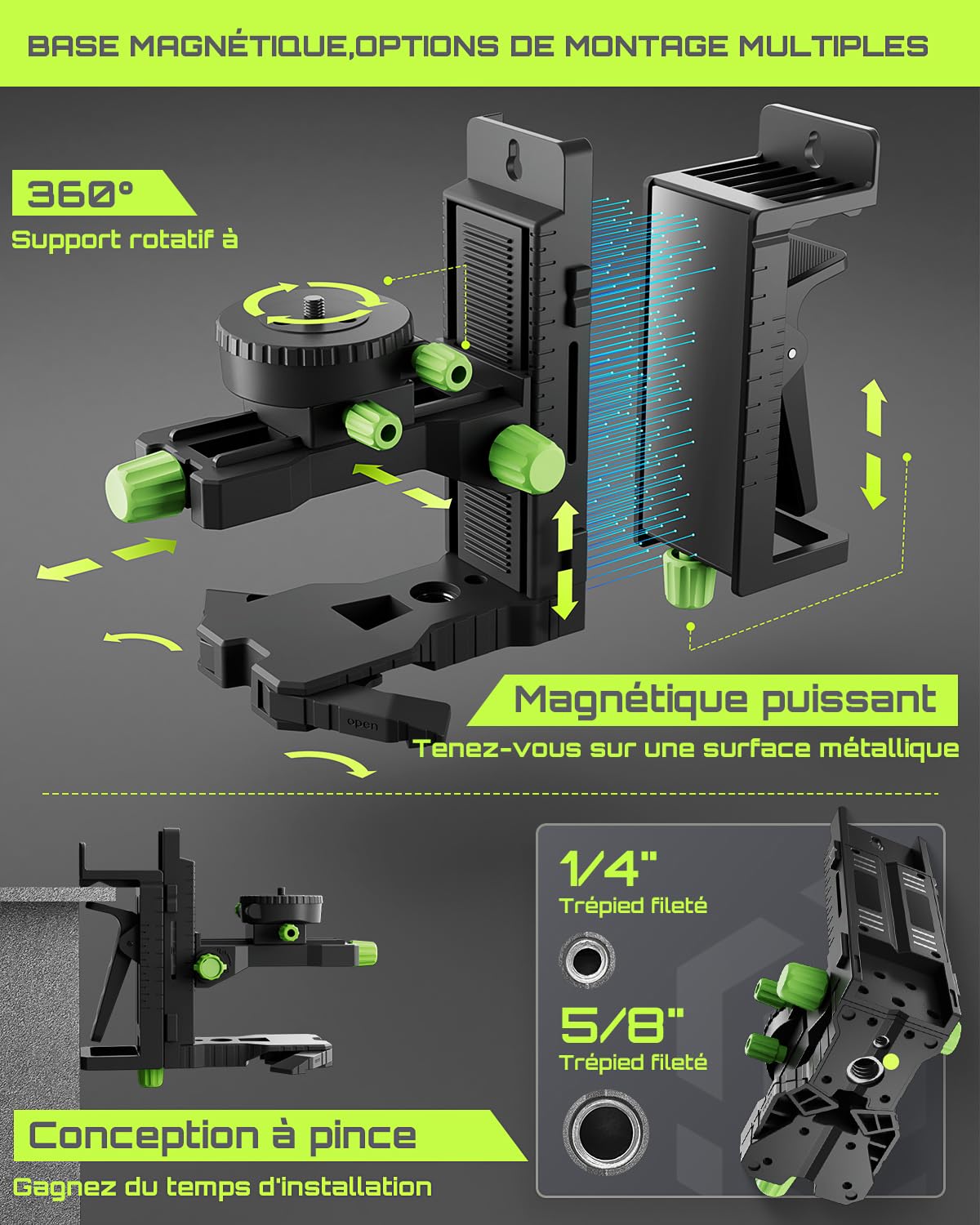 LasGoo LG-3DMAX Niveau Laser 3x360° Vert, Laser Croisé Auto-Nivellant 3D, 2 Batteries Lithium Rechargeables, Adaptateur de Réglage, Lunettes et Étui Rigide