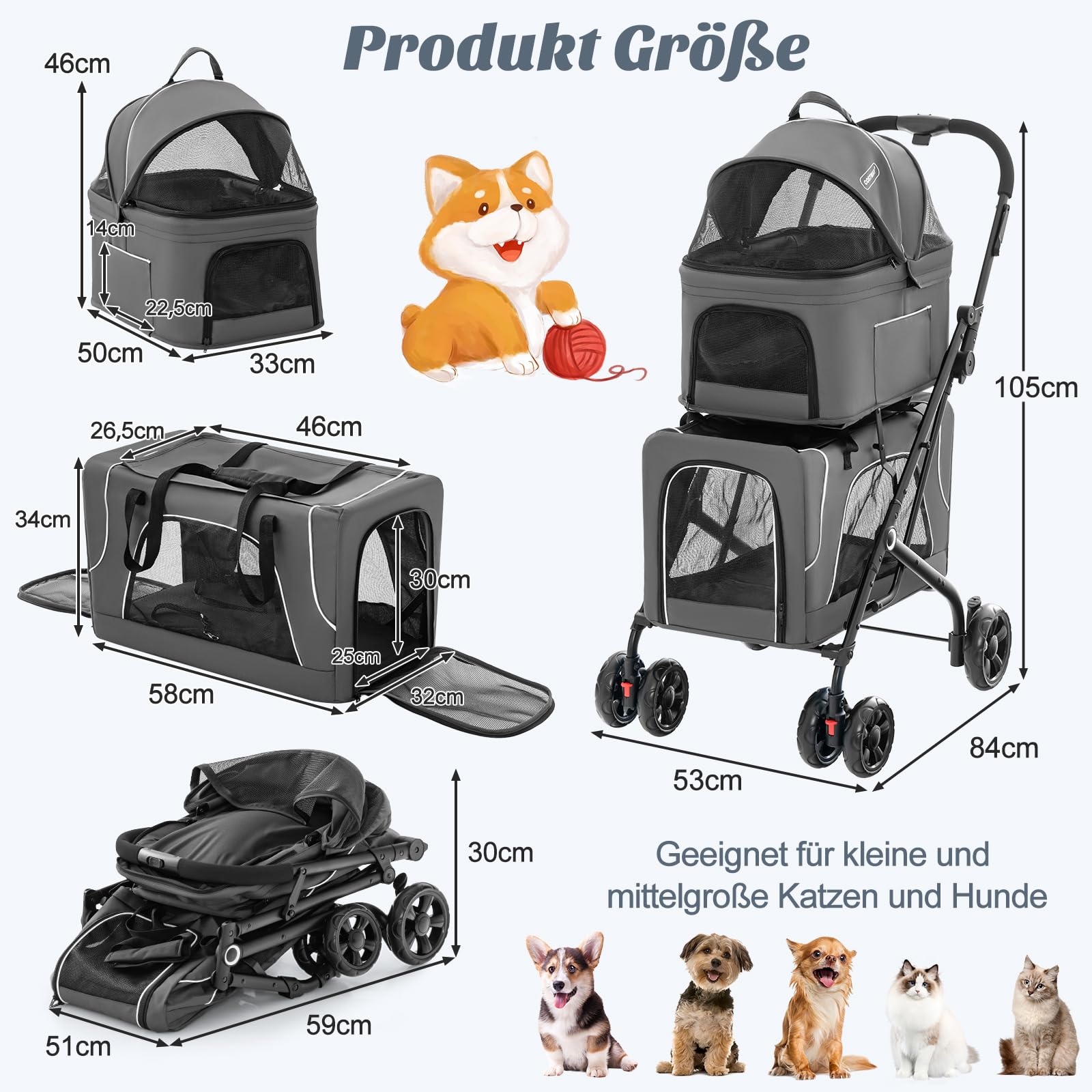 COSTWAY 3 in 1 Hundewagen, Hundebuggy 2 Etagen mit Netzfenstern & Taschen & Polstern, Oxford & Metall, Haustiere Buggy bis 16 kg, Hundebox Transporttasche klappbar, für Hunde Katzen Haustiere, Grau
