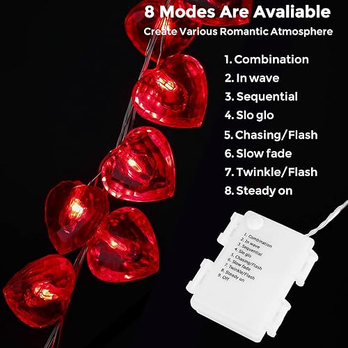 Miniatura 3 de Paquete de 2 decoraciones para el día de San Valentín, total de 100 luces LED, 8 modos con temporizador, corte de diamante, corazón rojo, guirnalda