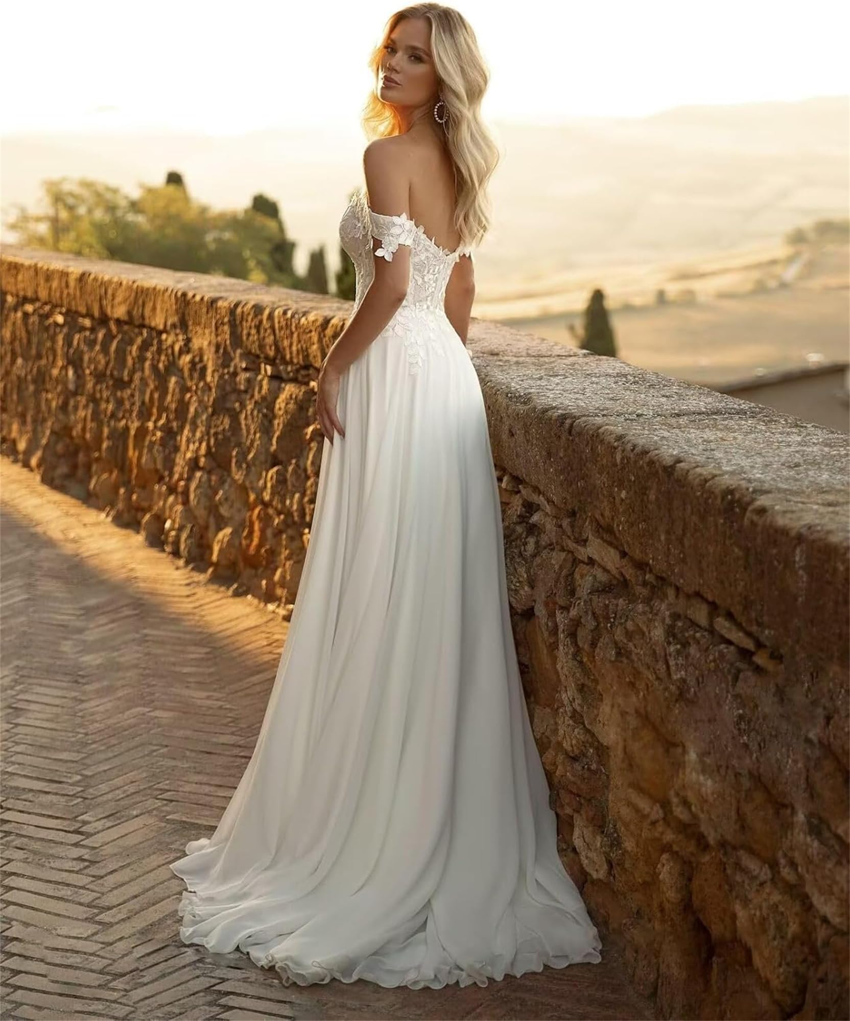 Boho Beach Brautkleider Schulterfrei Spitze Hochzeitskleider,Damen Chiffon Standesamt Brautkleid mit Schlitz