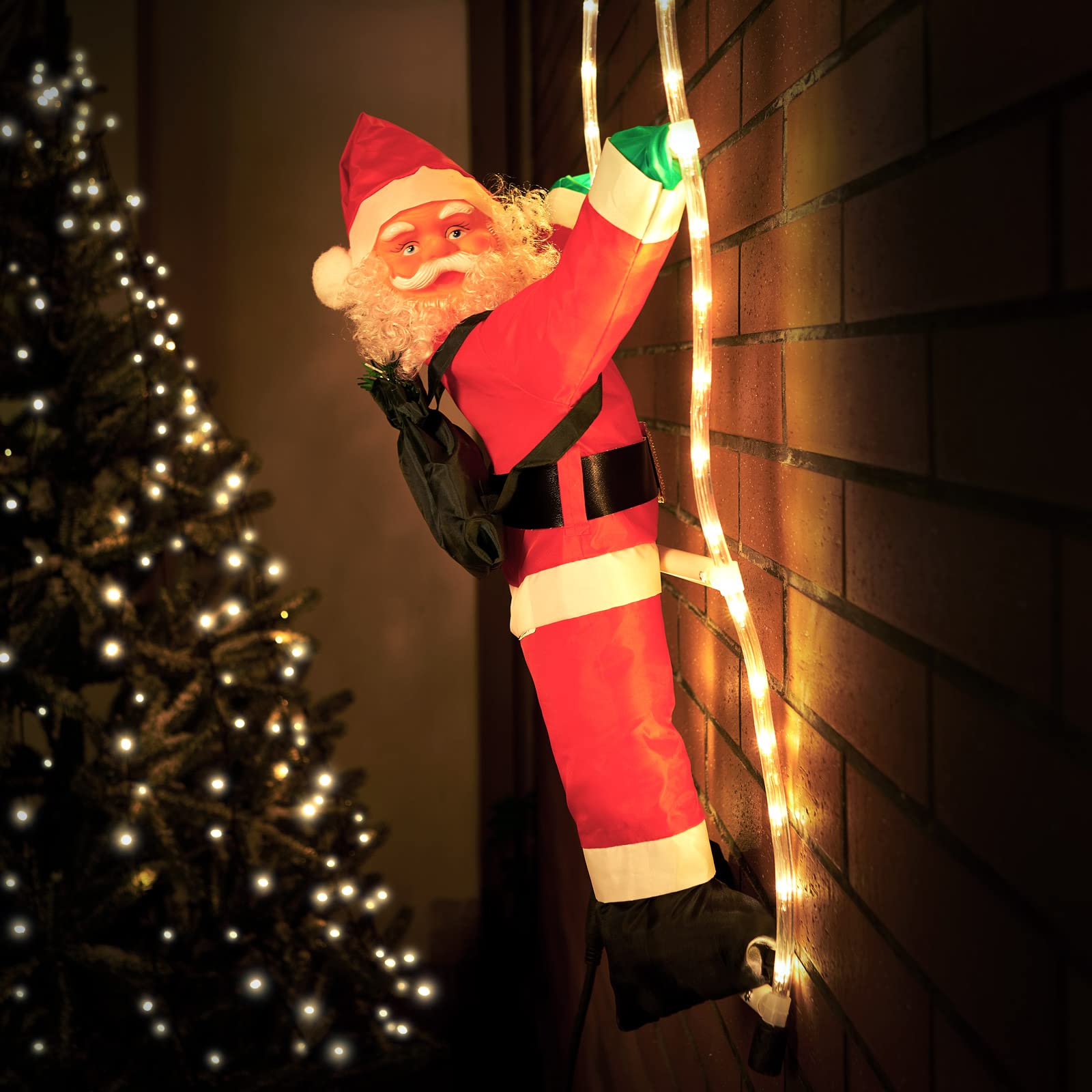 MONZANA® Babbo Natale con LED sulla Scala XL 90cm Timer 8 Modalità Luminose per Interni ed Esterni Decorazioni Natalizie