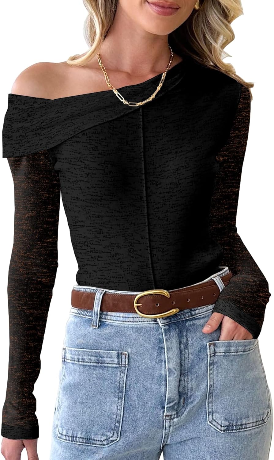 LIYOHON Mesh Sheer Off The Shoulder Long Sleeve Tops for Women Sexy Tight Y2k Date Night Going Out See Through Blouse