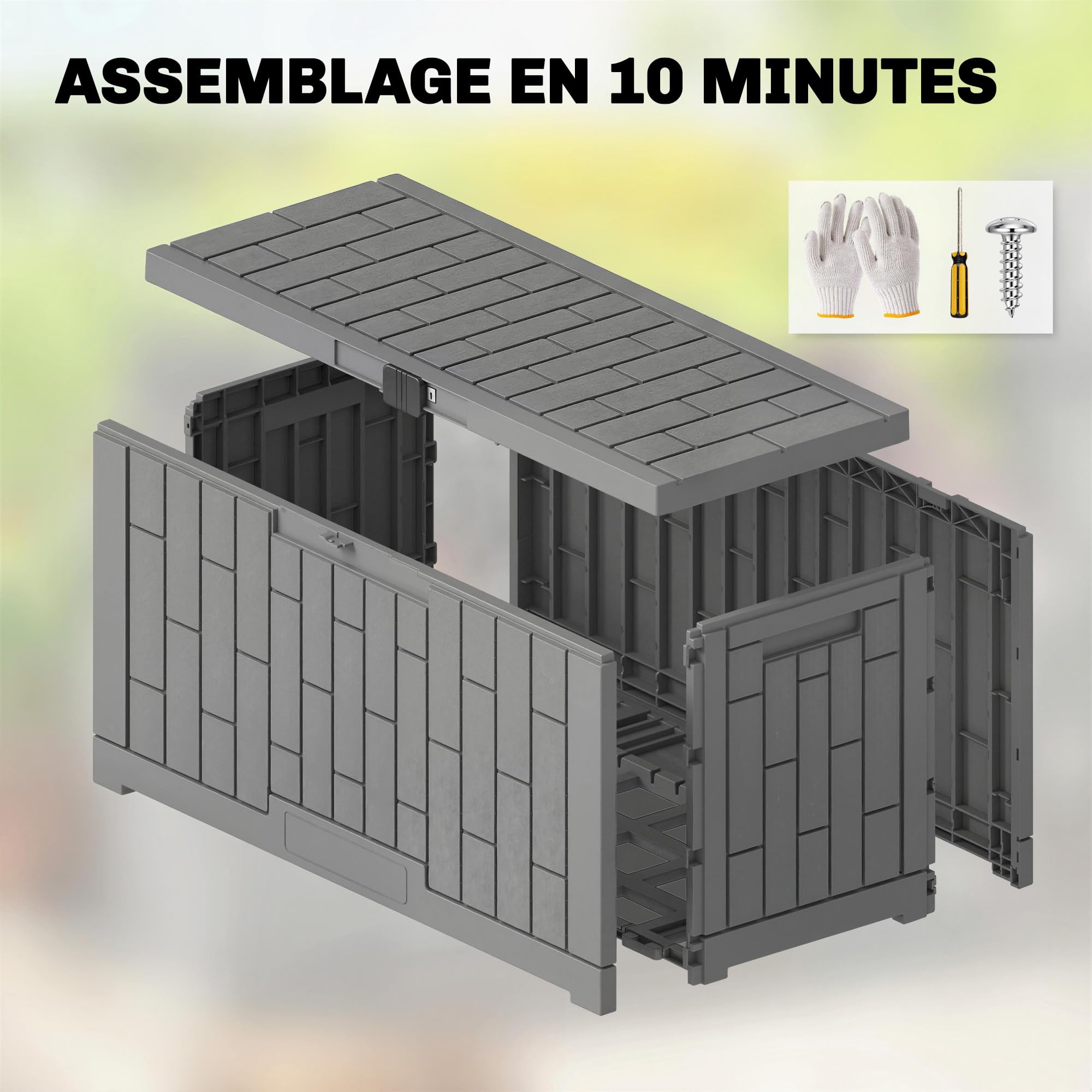 Outsunny Coffre de Rangement Extérieur 379 L Verrouillable avec Vérin à Gaz, Boîte de Jardin en Aspect Bois Résistant aux UV, pour Outils Accessoires, 122,5x56x62cm, Gris