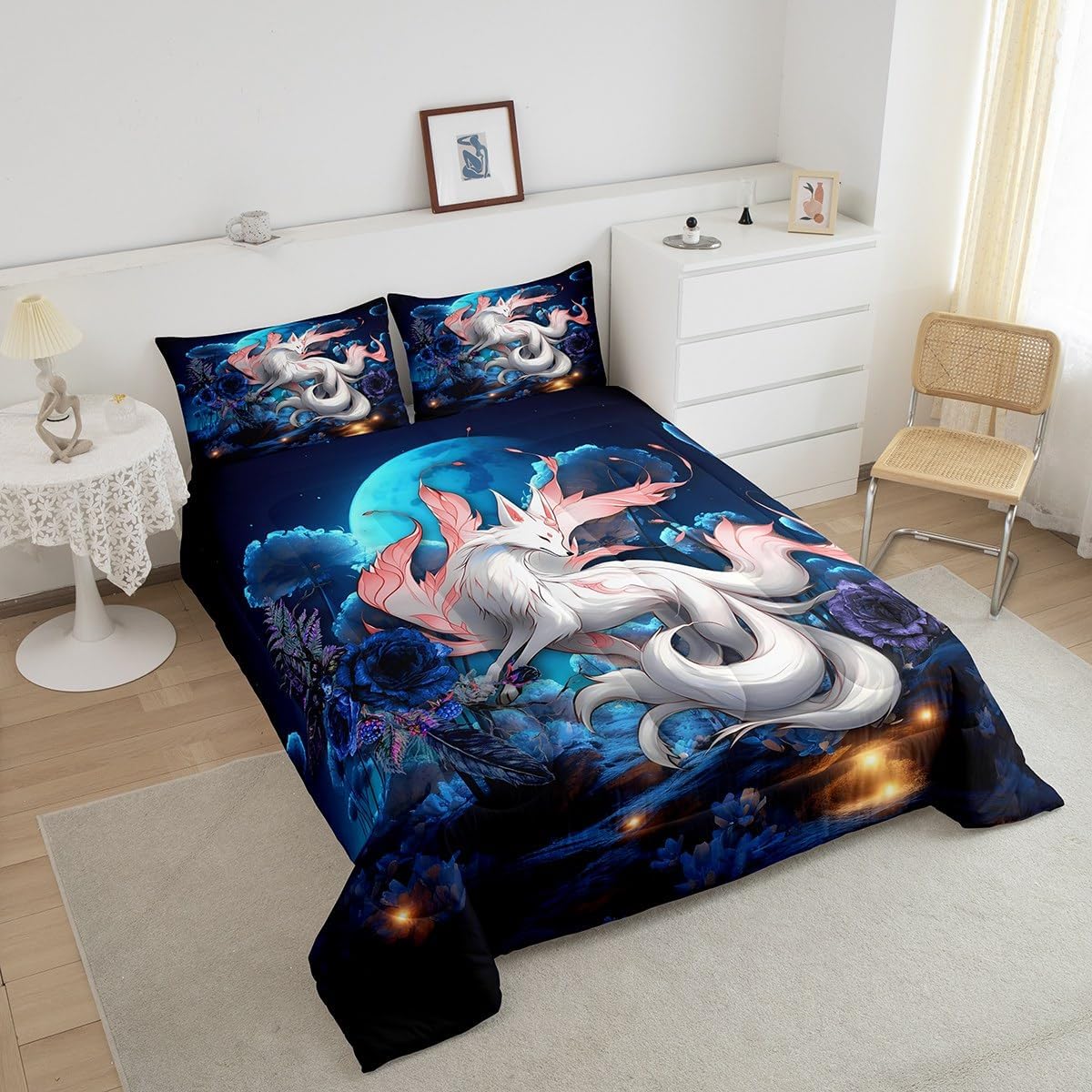 Feelyou Japanese Ukiyoe Comforter Set White Fox Blossoms Floral Bedding Bed Set for Kids Boys Girls Galaxy Exotic Animal Comforter Japanese Decor Dreamy Quilt Set Bedroom Collection 3Pcs King Size