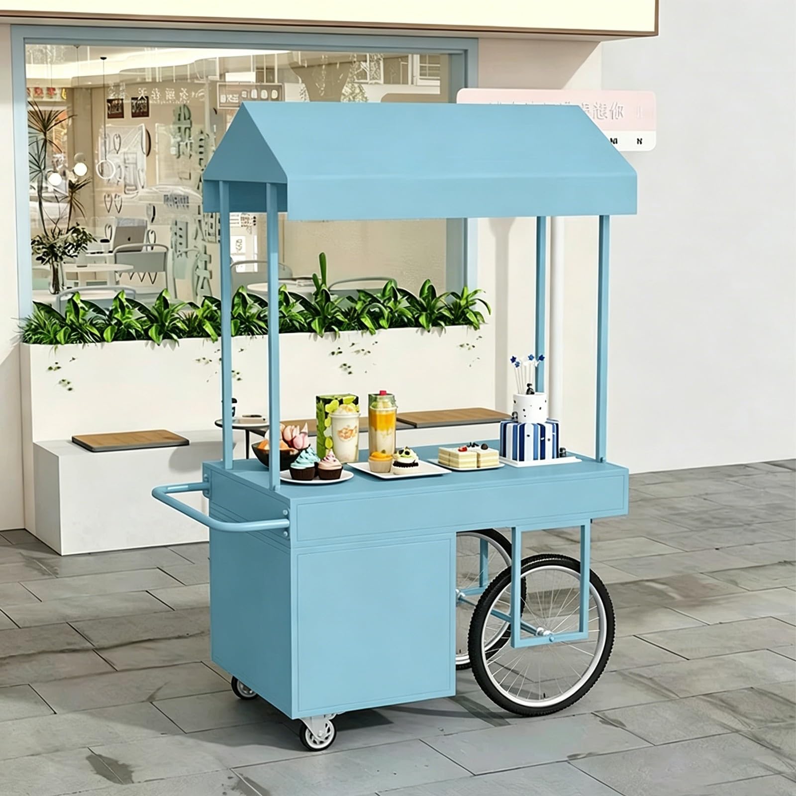 Mobile Food Stand with Canopy, Heavy-Duty Iron Vendor Cart Lockable Wheels, Perfect for Farmers Market, Street Food & Dessert Events