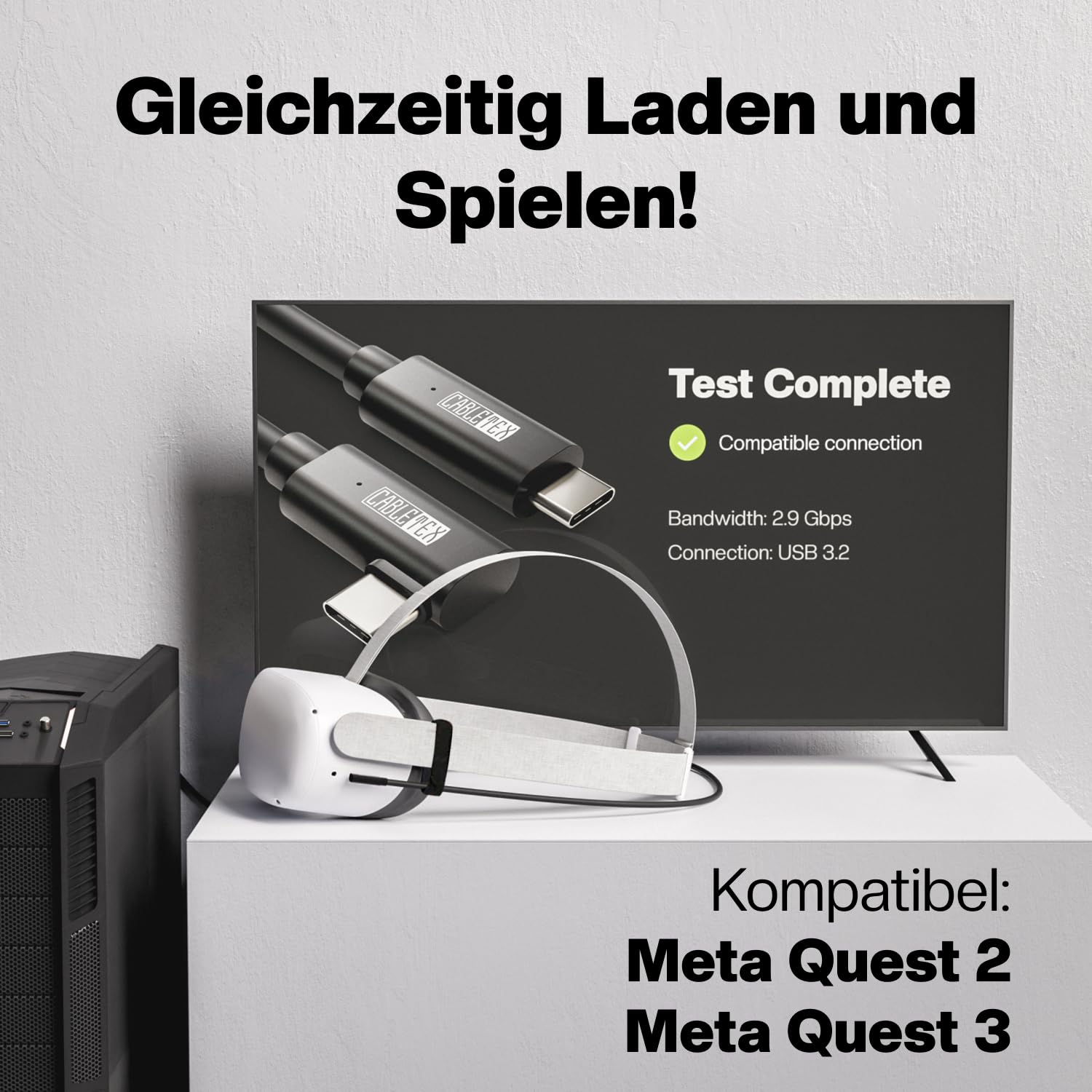 CABLETEX 5m Link Kabel für Meta Quest 3, Oculus Quest 2, PICO 4, PSVR2, Steam VR – USB 3.2 USB C Kabel für VR Headset und Gaming PC, 5 Gbit/s Datenübertragung