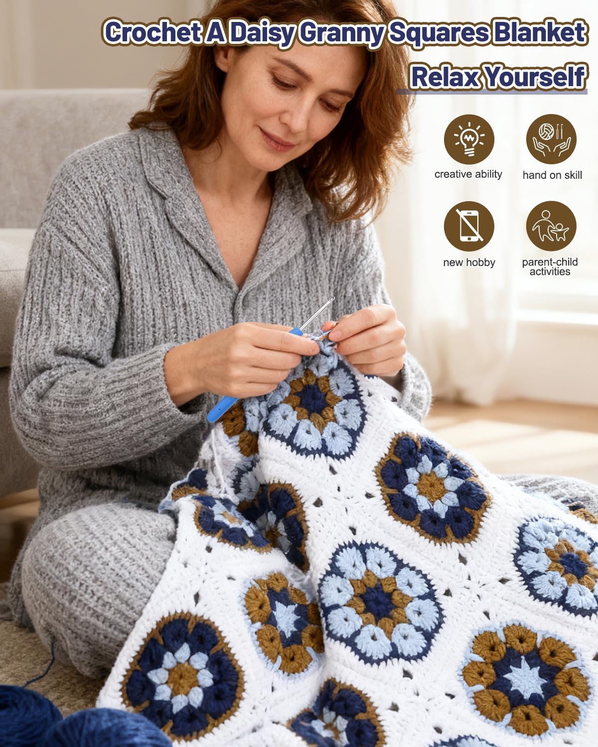 Coopay Häkeldecken-Set für Anfänger, quadratisches All-in-One-Set mit Schritt-für-Schritt-Video und genug Garnen – Master Granny Square Häkeln einfach, ideales Geschenk für Bastelliebhaber (Mokka-Blau