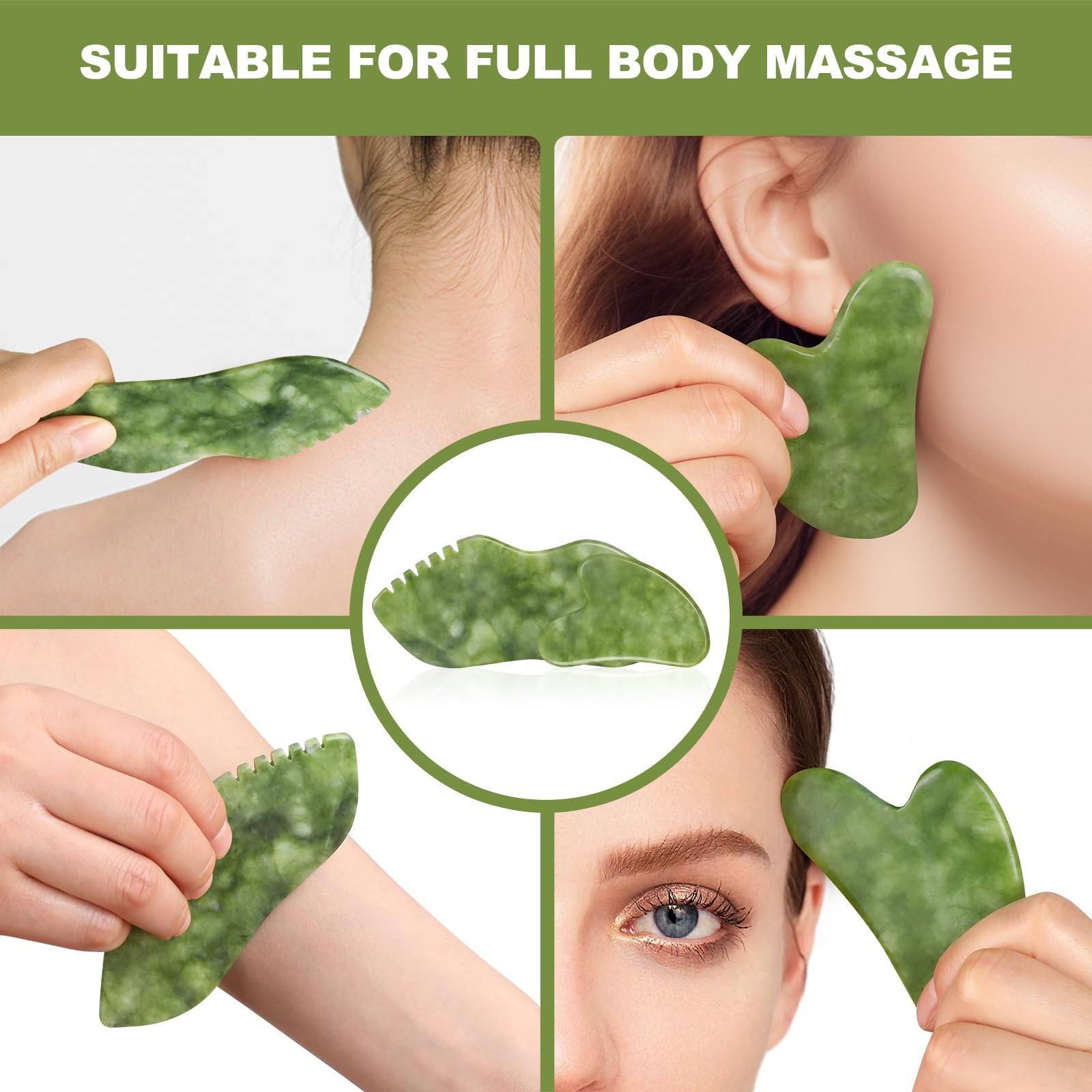 AIROGYM Set di 2 strumenti per il viso Gua Sha, in pietra di giada, pettine per il viso, strumenti per la cura della pelle, corpo e viso, gua sha, per rassodare il drenaggio linfatico della pelle