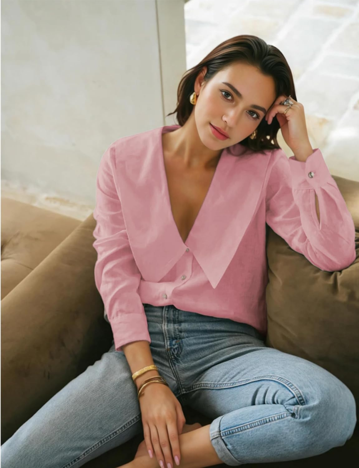 Daacee Women’s Big Collar Blouses Dressy Casual Long Sleeve V Neck Button Down Liene Shirts Ladies Tops(0780-Pink-L) - Image 2