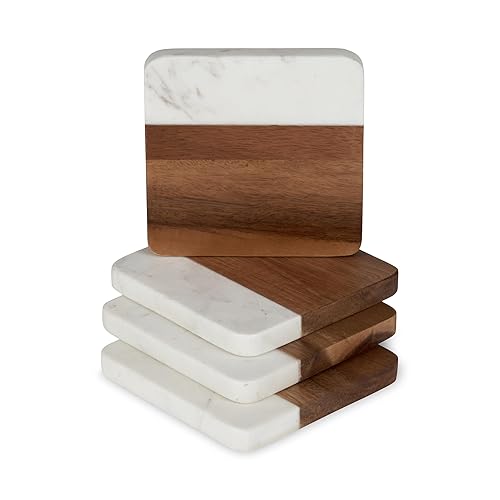Marble and Acacia Coasters, Modern Square Coasters, Acacia Wood, Marble,