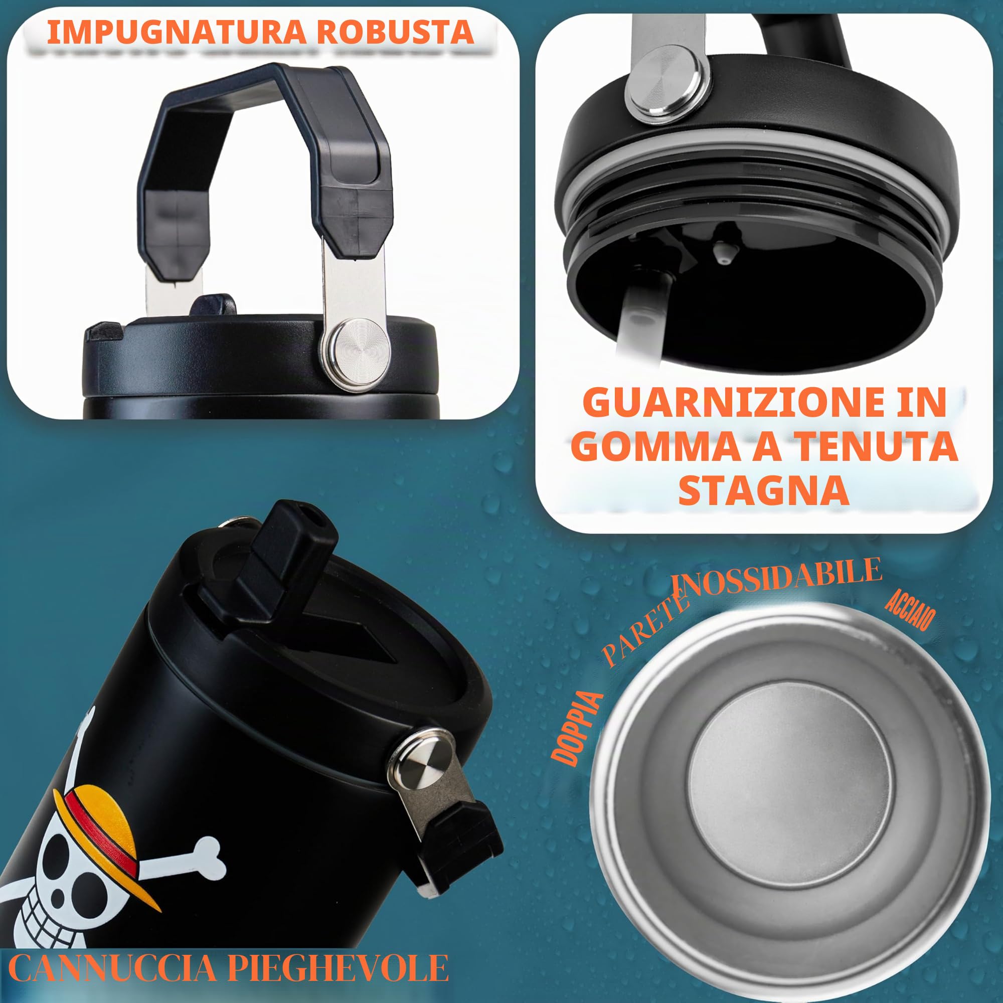Get Trend One Piece Bicchiere Termico con Cannuccia e Maniglia, Metallo Tazza da Viaggio 850ml, Isolamento Termico Sottovuoto a Doppia Parete (Nero One Piece)