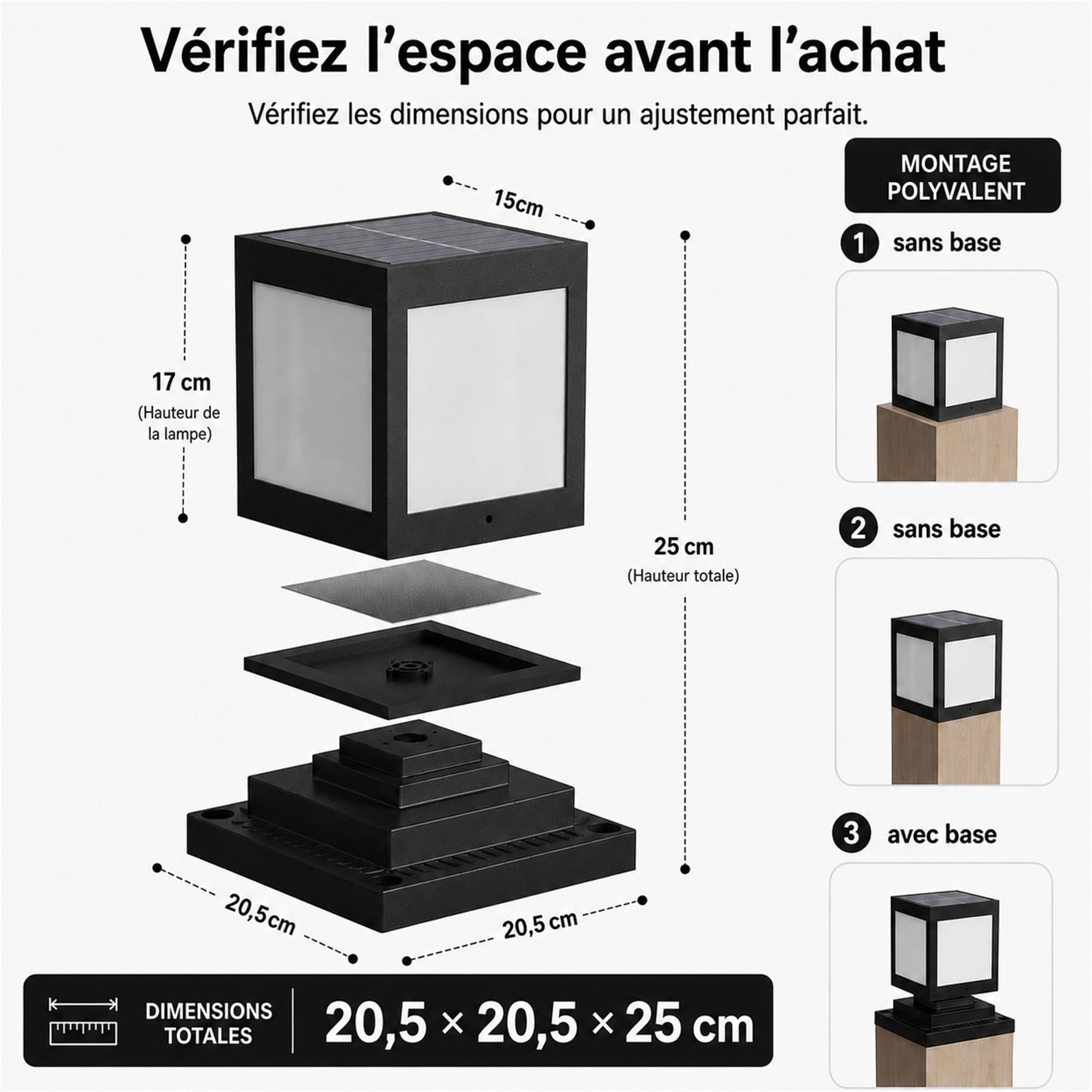 Borne Solaire Extérieur Jardin Potelet LED IP45 6000K Noir