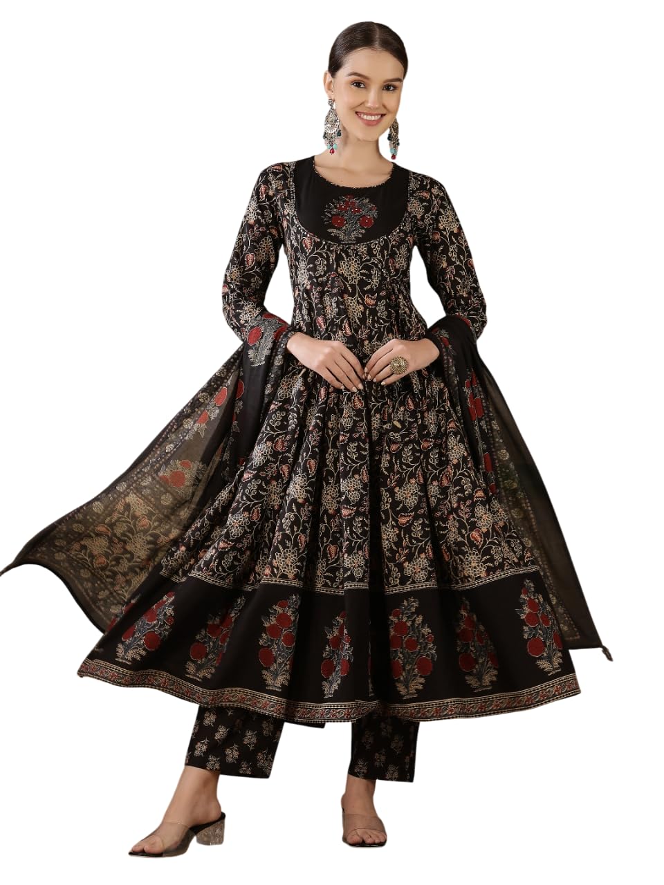 gudwear Floral Printed Anarkali Pure Cotton Kurta Set with Palazzos and Dupatta | Ethnic Wear for Women-picture-35