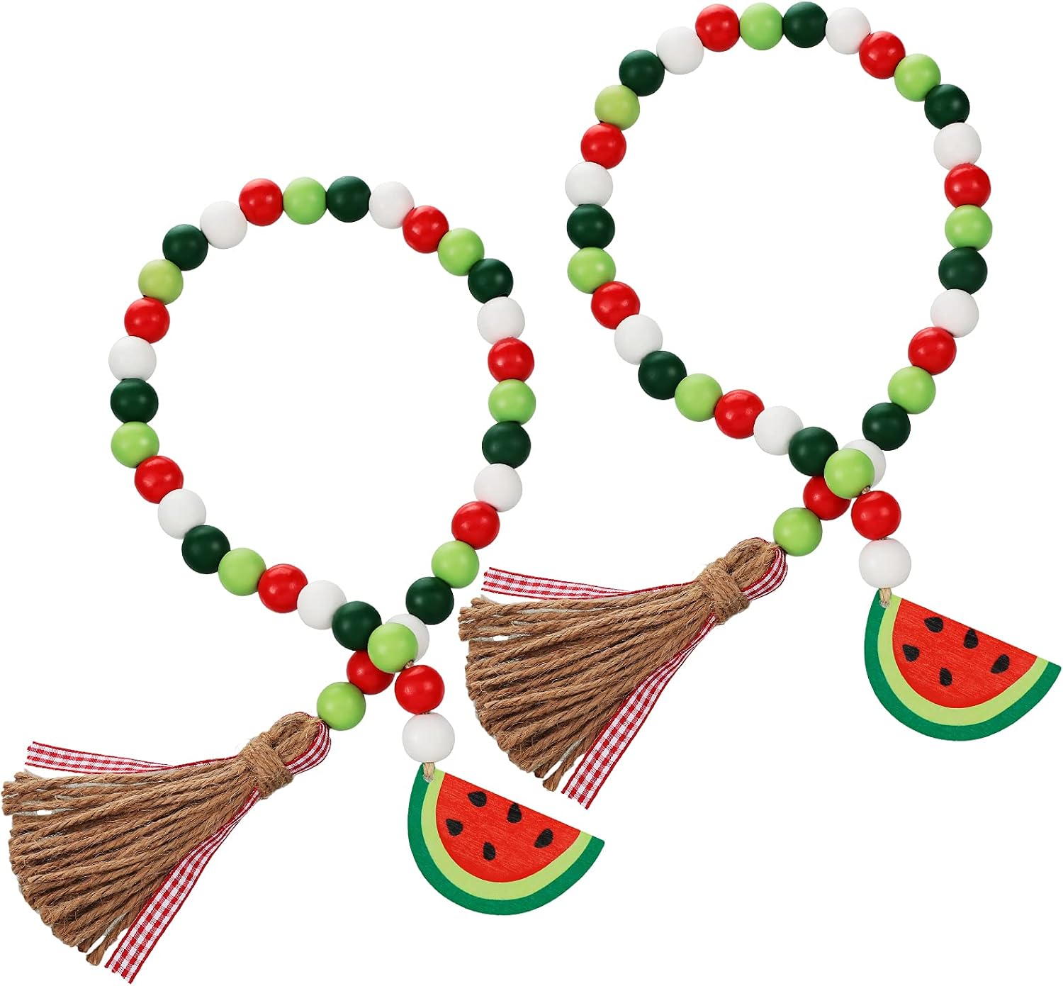 2 Pieces Watermelon Wood Bead Garland Summer Watermelon Tiered Tray Decor with Tassels Farmhouse Rustic Country Bead Garland Prayer Boho Garland Decor (Fresh Color)