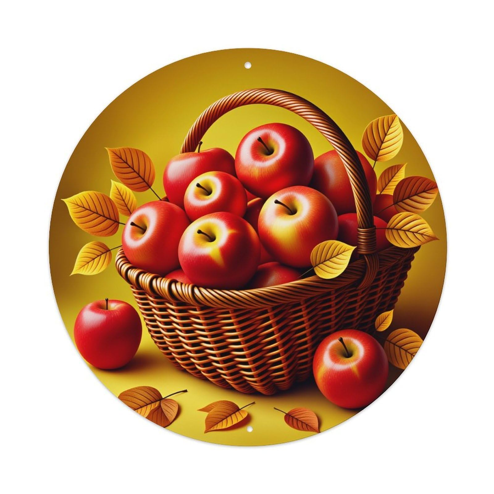 Apple Basket Autumn Leaves Pattern Round Tin Sign Vintage Style Metal Sign Home Bar Garden Wall Plaque Decor Metal Poster 8x8 Inch