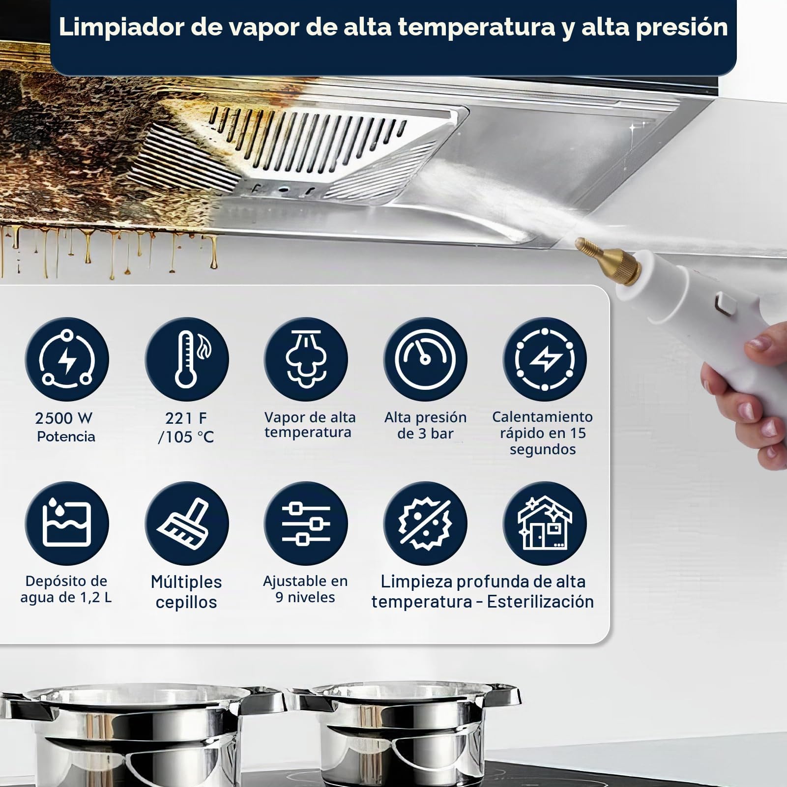 2500 W - Limpiador a vapor de mano, 3 bares de alta temperatura para una limpieza eficiente del hogar, 9 modos ajustables, capacidad de 1,2 L (blanco)