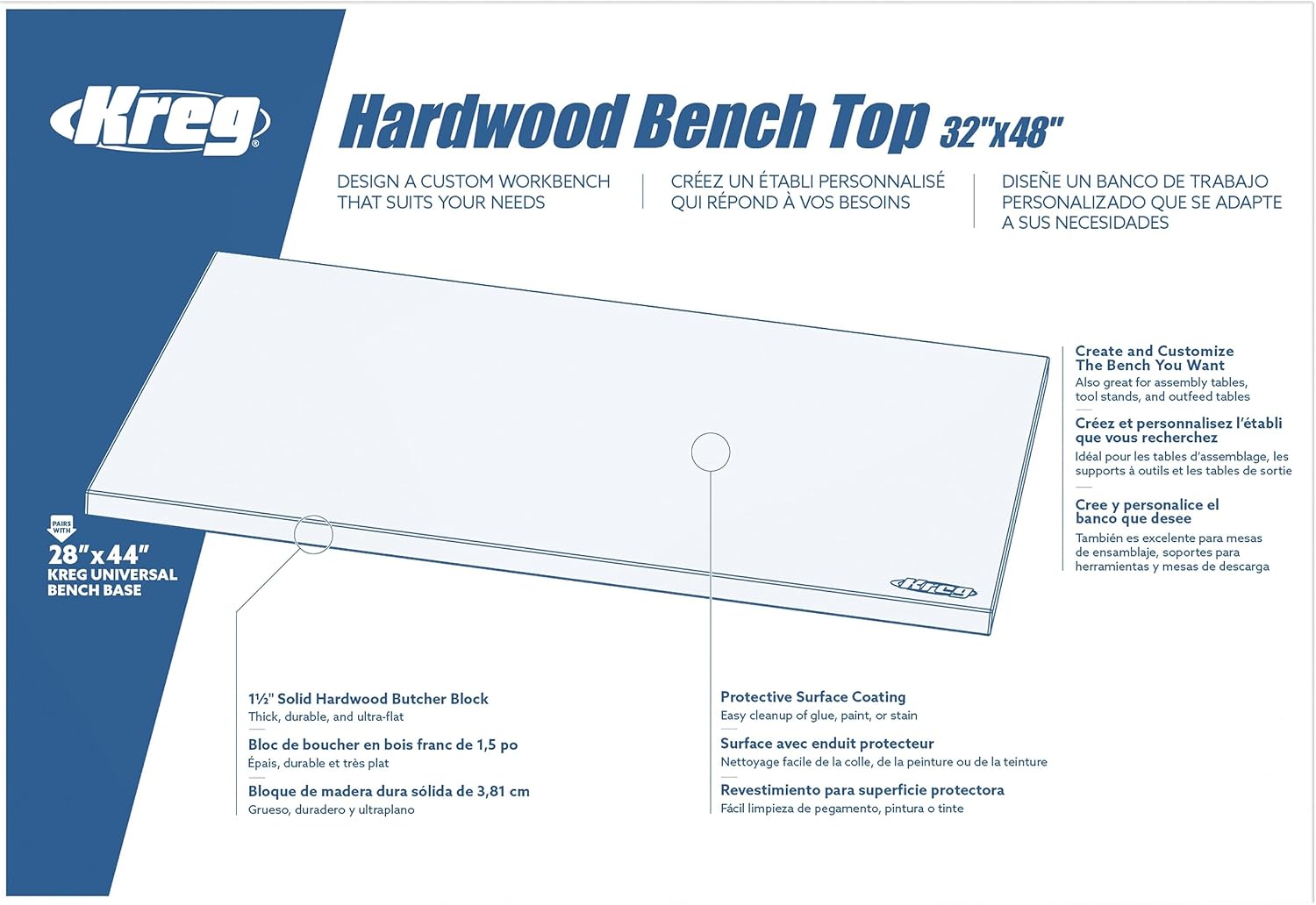 Kreg Hardwood Bench Top - Solid Hardwood Butcher Block - Woodworking Bench Top - Precision Machined Bench - 32" x 48" - HWBT-4832