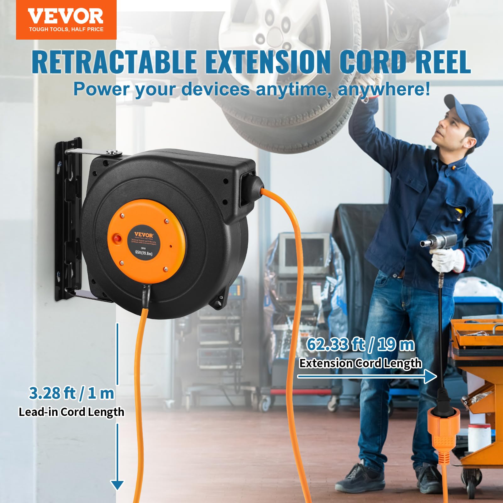 VEVOR Avvolgicavo Prolunga Retrattile, 19m, 1000W con Cavo di Alimentazione da 1m Protezione da Surriscaldamento, Guscio in PP, Staffa Girevole a 180° per Montaggio a Soffitto o a Parete