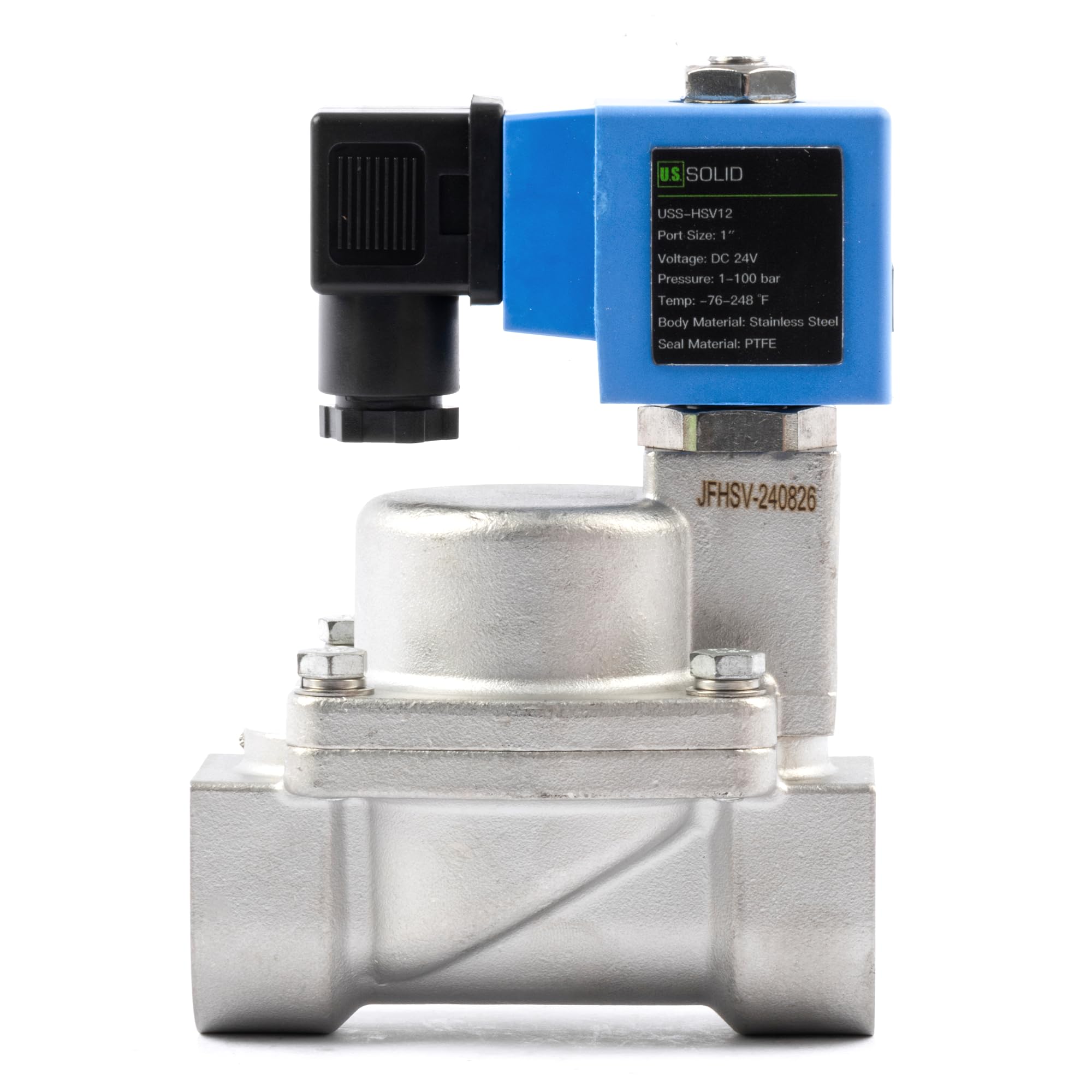 U.S. Solid Válvula solenoide de alta presión, 1 pulgada, 100 bar, acero inoxidable, 24 V CC, alta presión, alta temperatura, electroválvula eléctrica, -60-120 °C